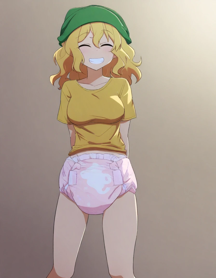 masterpiece, best quality, newest, absurdres, highres, 1girl, (diaper:1.2), (cato monocatienus:0.9), re-ghotion, facing viewer, full-body, yellow shirt, breasts, green hat, short hair, blonde hair, wavy hair, grin, hands behind back, outside, sunny day