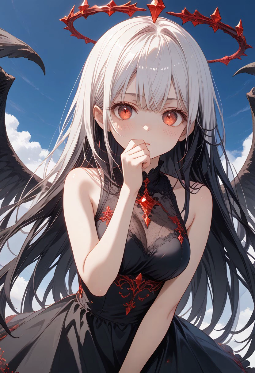 (Vizska Tachibana, perfect face, long hair, white Hair, black inner hair, multicolored black hair, expressive eyes, red eyes, red crystal eyes), perfect face, blushing, serious expression, perfect body, tall, white skin, big breasts, heaven, blue sky, daylight, wings, black wings, black dress, bare shoulders, flying, covered own mouth, The lighting creates dramatic shadows and highlights, adding depth to the artwork, The perspective is taken from the front so that the character's situation is more visible, (masterpiece, detailed:1.2), (High Resolution), (More Details), (8K), (High Resolution), Aesthetic style, (glitter), soft anime, intricate colors, vibrant colors, color detail, ((Anime illustration)), ((Incarnate detail)), ((Masterpiece)), ((Highest quality)), easynegative,