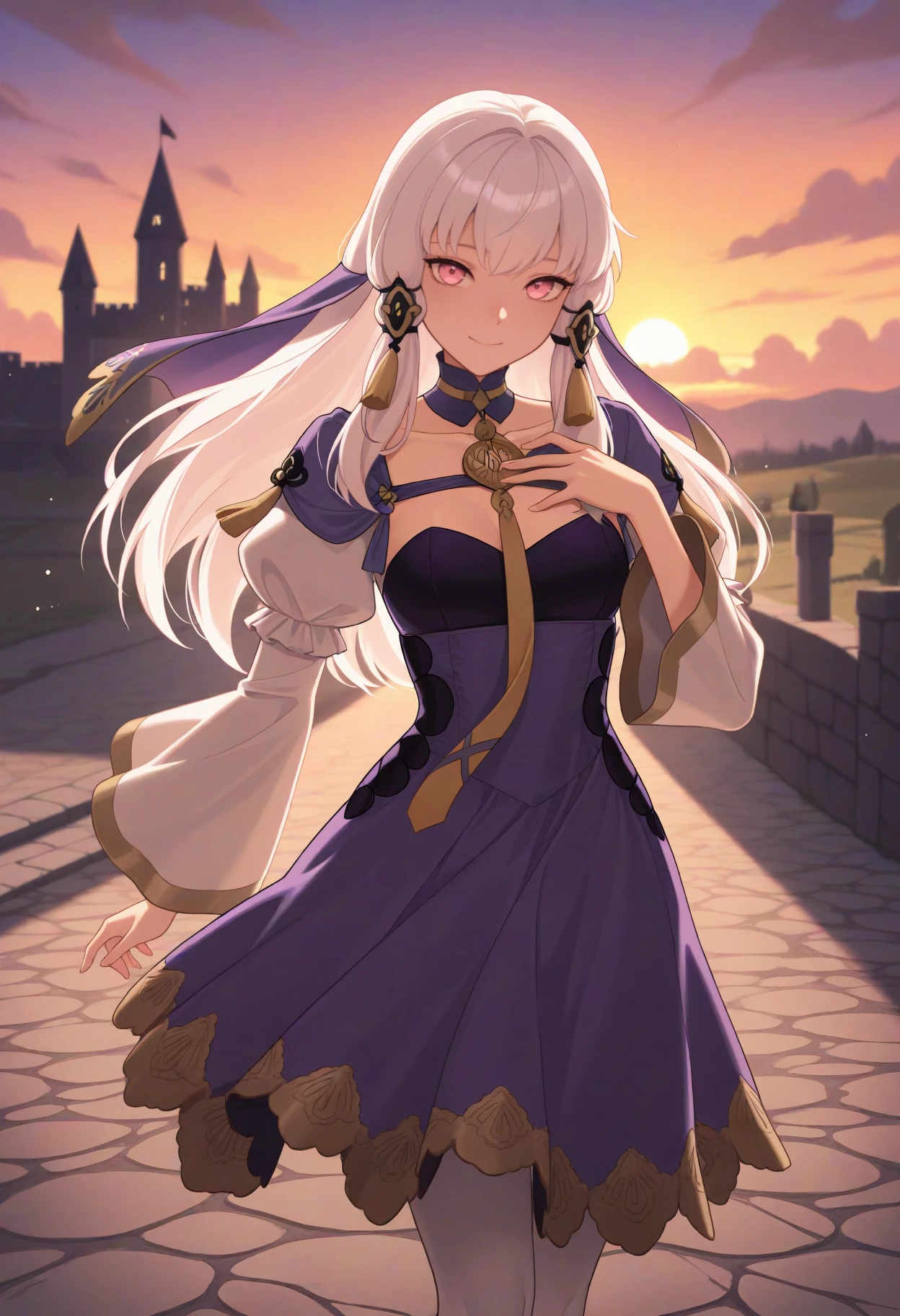 masterpiece, best quality, solo, 1girl, lytts, smile, looking at viewer, standing, hand on own chest, long hair, white hair, tassel hair ornament, purple veil, pink eyes, purple dress, purple collar, detached collar, yellow necktie, pendant choker, white sleeves, juliet sleeves, wide sleeves, white pantyhose, collarbone, outdoors, sunset, cloud, cobblestone, castle, bubble
<segment:yolo-Anzhc Face seg 640 v2 y8n.pt,0.4,0.5//cid=1>