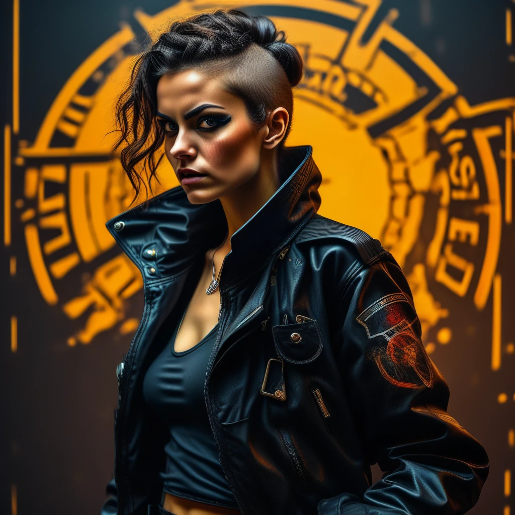 portrait of a woman anarchist on a progaganda poster with cyberpunk elements and futuristic clothes. she looks fierce and determined and is raising a fist.