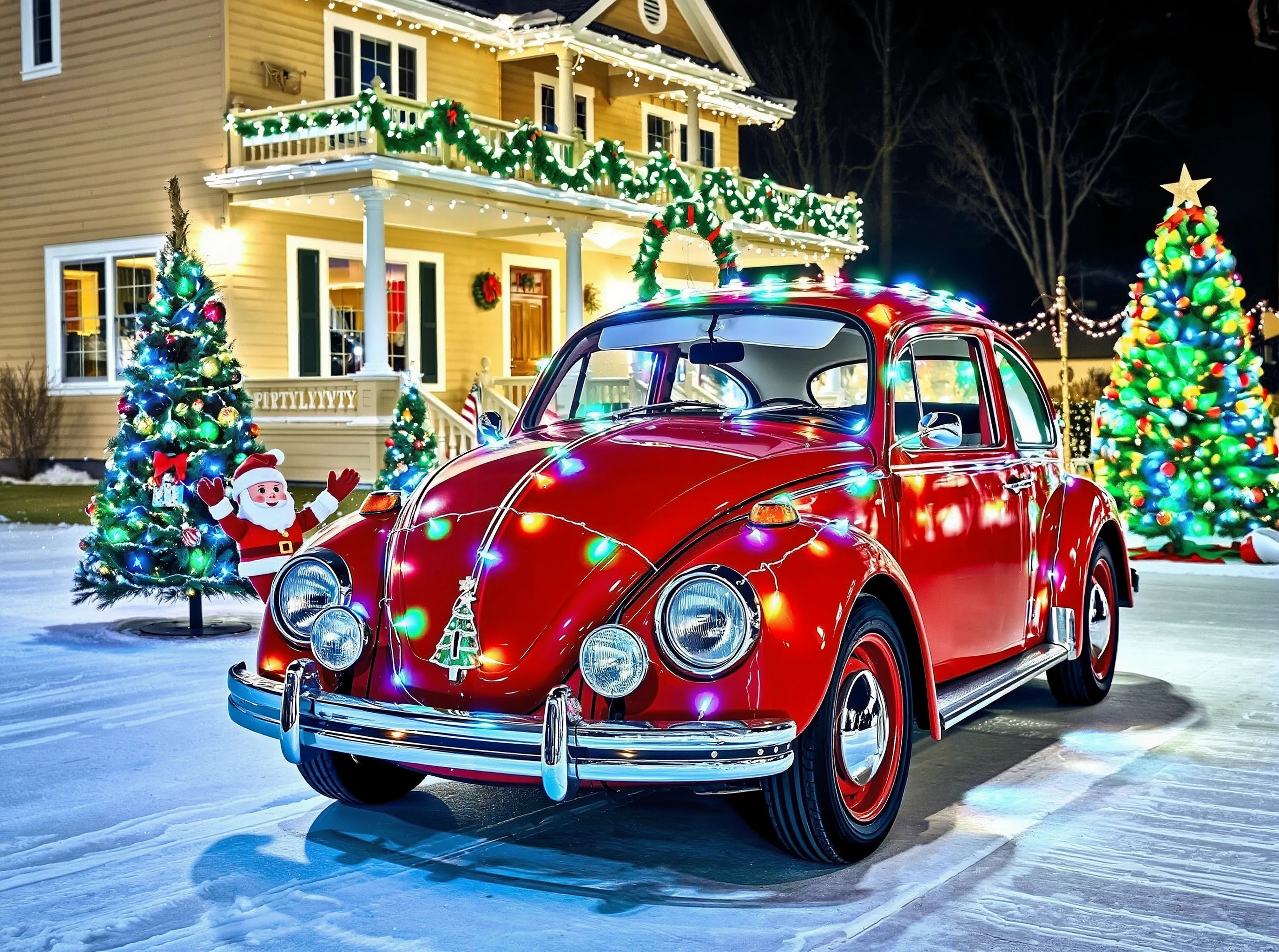 a vw beetle, with christmas lights decorations, in front of a christmas decorated house and a christmas tree <lora:Christmas_car:1>