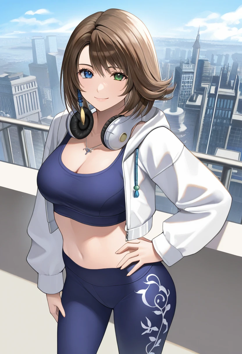 masterpiece, best quality, newest, absurdres, highres, <lora:YunaFFXIllustrious:0.9>,  FFXYNDF, brown hair, heterochromia, blue eyes, green eyes, smile, hand on own hip, breasts, blue sports bra, blue yoga pants,  cleavage, midriff, white jacket, headphones around neck,  cityscape, looking at viewer,