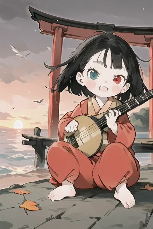 1girl(sitting,playing instrument,holding biwa lute,biwa_plectrum),solo,(masterpiece:1.2, best quality),ultra-high-detailed,ultra-detailed,sense of strength,finely detailed iris,anime,staff,full body,solo focus,medium_shot,
BREAK
<lora:HEIKE-BIWA:0.8>,heike-biwa,short hair,black hair,heterochromia,red kimono,wide sleeves,long sleeves,red pants,tabi,zouri,fang,
BREAK
outdoor,(red_torii on sea horizon),(sunset,twilight,seagull,leaf,wind lift),full face blush,peacefully smile,moody lighting,skindentation,shiny skin,<lora:hyperdetailer_v095:0.3>,<lora:ZaoDaoV1:0.5>,