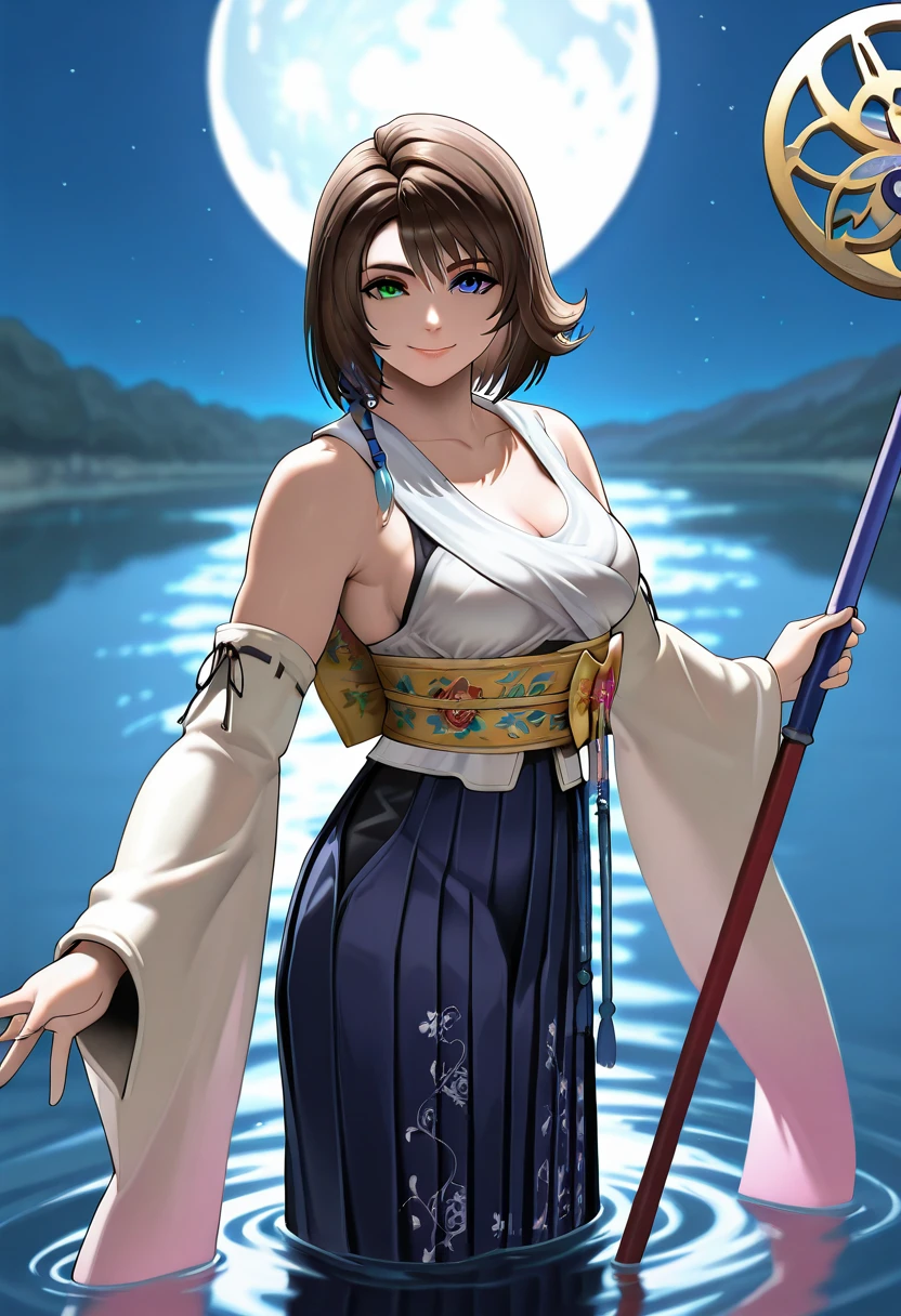 masterpiece, best quality, newest, absurdres, highres, <lora:YunaFFXIllustrious:0.9>,  FFXYNDF, brown hair, heterochromia, blue eyes, green eyes, japanese clothes, detached sleeves, wide sleeves,  hakama skirt, jewelry, staff, smile, moon, lake, half-submerged, looking at viewer, breasts, holding staff, spread arms