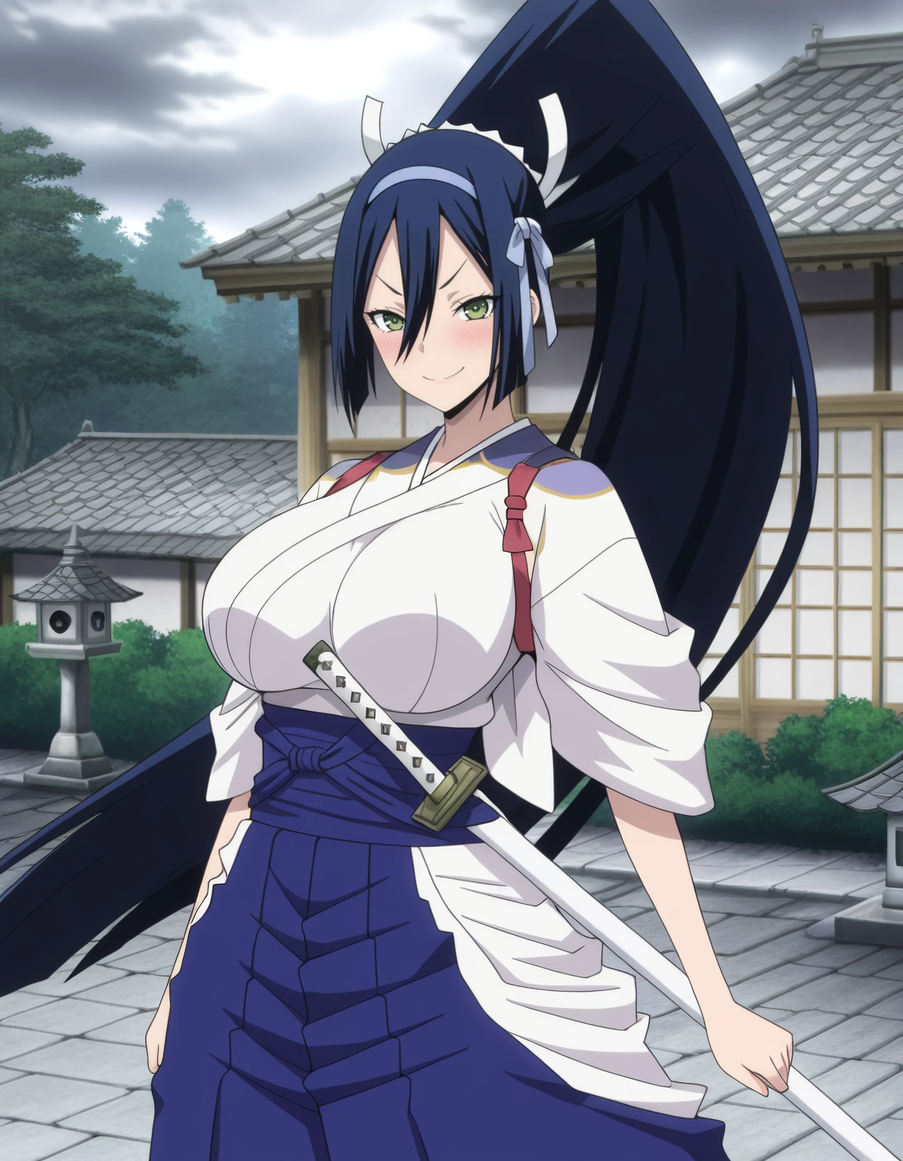 masterpiece, best quality, amazing quality, <lora:mushibugyou_-_kanae_il:1> kanae, blue_hair, very_long_hair, black_hair, ponytail, green_eyes, hair_between_eyes, japanese_clothes, kimono, blue_hakama, sandals, sheath, ribbon, 1girl, architecture, ascot, black_ascot, black_sailor_collar, blush, breast_pocket, breasts, bush, cloud, cloudy_sky, east_asian_architecture, forest, hebijo_academy_uniform, infinity_symbol, large_breasts, linea_alba, looking_at_viewer, midriff, nature, navel, overcast, parted_bangs, plant, pocket, sailor_collar, school_uniform, shouji, sidelocks, sky, sliding_doors, smile, solo, stone_lantern, stone_walkway, tile_roof, tree, upper_body, v-shaped_eyebrows