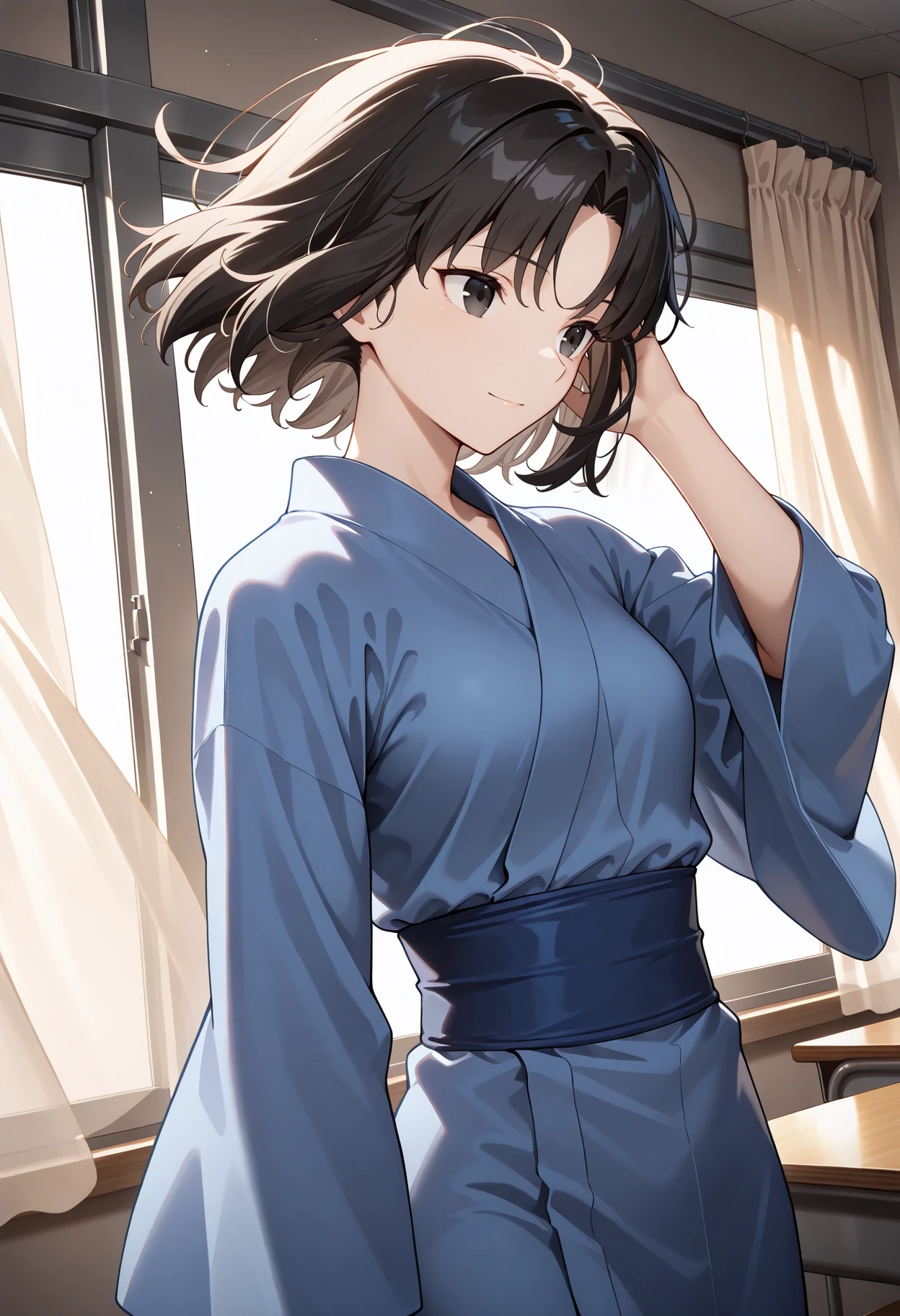 masterpiece,best quality,   r_shiki, 1girl, solo, short hair, parted bangs, black hair ,black eyes, blue kimono, japanese clothes,sash,long sleeves, small breasts, floating hair, hand in hair, light smile, closed mouth, looking aside, window, curtains, classroom, dutc angle, <lora:r_shiki2_IL-000009:0.9>