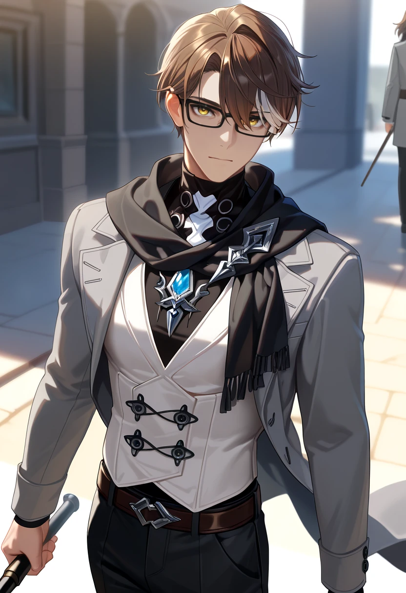 masterpiece, best quality <lora:Welt Yang-initium-ilxl:1> 1boy, male focus, brown hair, white streak, short hair, black-framed eyewear, yellow eyes, black undershirt, white vest, belts, grey coat, vest under clothes, black scarf, black pants, streaked hair, white hair, brooch, aged up, holding cane, (mature male:0.3)