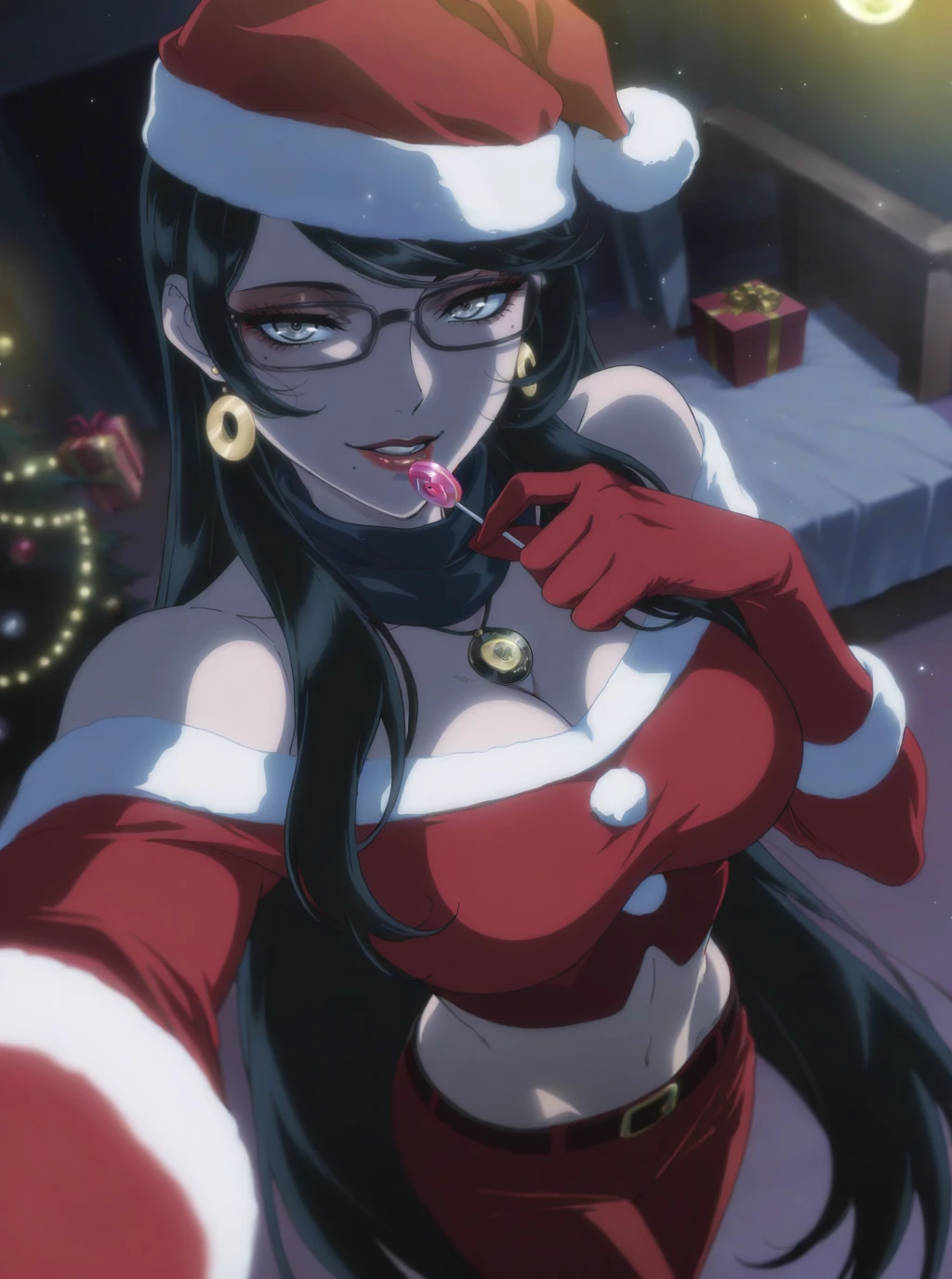 masterpiece, best quality, amazing quality, very aesthetic, absurdres, newest, scenery,  anime screencap   <lora:Bayonetta_Bloody_Fate:0.9> bayofate, black hair, (very long hair:1.3), glasses,  large breasts, bangs, grey eyes, mole under eye, earrings, mole, mole under mouth,santa costume, santa hat, scarf, sexy, room, decorations, santa tree,selfie,dutch angle,  sexy,  full body,(backlighting:1), parted lips, bloom , glow,censored, cleavage,midriff, seductive , santa gloves, open mouth, night,lighting, gift,  off shoulder,, looking at viewer,light particles, cleavage,red lips, seductive smile, full moon, , lollipop, amulet,