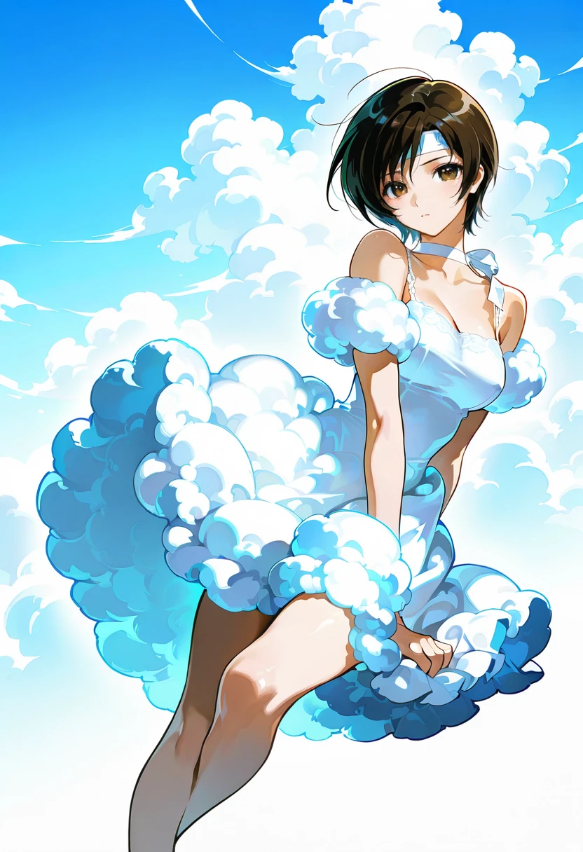 1girl,solo,looking at viewer,ikeda ruriko,cloud dress, white dress, fluffy dress, cloud, yuffie_kisaragi