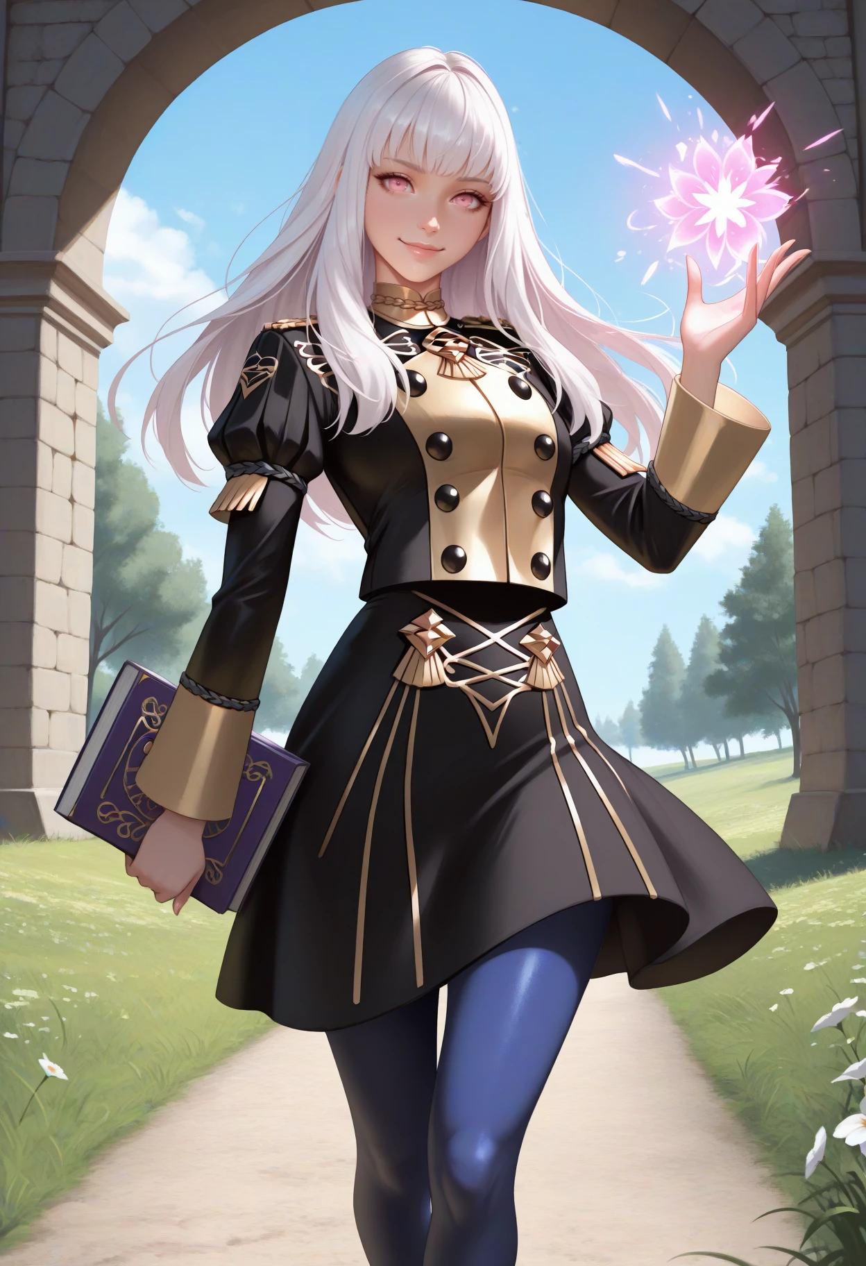 masterpiece, best quality, realistic, solo, 1girl, lytdef, smile, looking at viewer, hand up, casting spell, holding book, long hair, white hair, pink eyes, garreg monastery uniform, black jacket, epaulettes, buttons, juliet sleeves, black skirt, blue pantyhose, outdoors, blue sky, cloud, path, grass, tree, flower, arch
<segment:yolo-face_yolov8m.pt,0.4,0.5//cid=1>