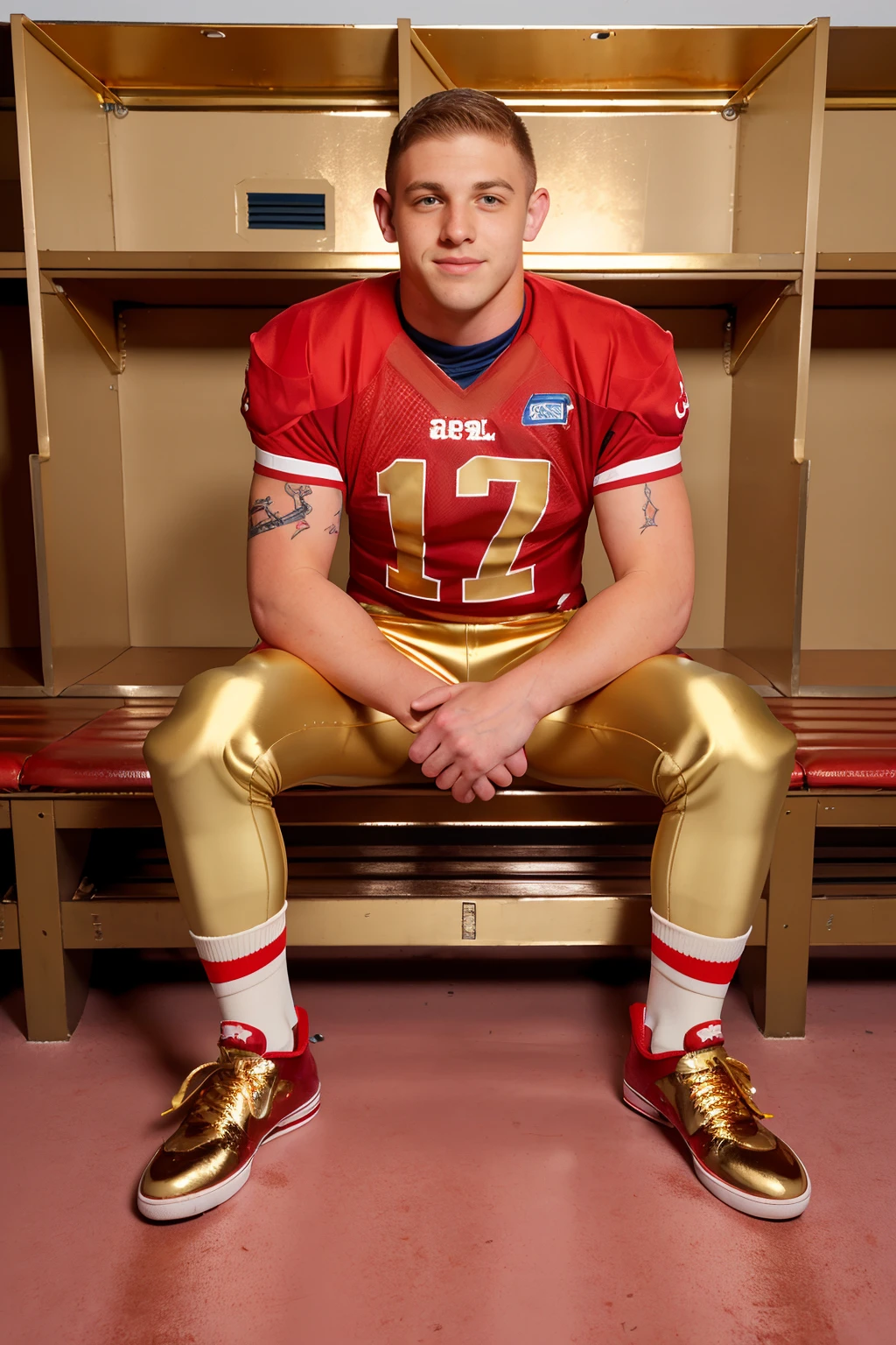 locker room, sitting on a bench, in front of lockers, slightly smiling, JamesRyder is an (American football player), wearing (football uniform:1.3), (red jersey:1.3), red (shoulder pads), jersey number 17, (pale gold football pants:1.4), (red socks:1.3), long socks, (sneakers:1.3), (((full body portrait))), wide angle  <lora:JamesRyder:0.8>  <lora:add_detail:-0.5>