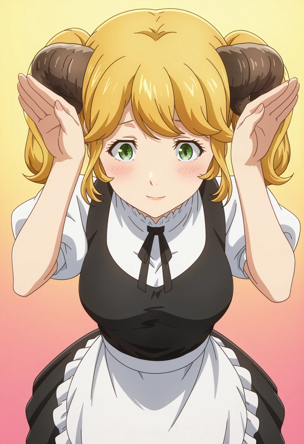 masterpiece, best quality, amazing quality, anime coloring, anime screencap, solo, 1girl,  <lora:DX888AlettaIL:1>aletta, twintails, green eyes, blonde hair, twintails, horns, black dress, puffy sleeves, white shirt, black ribbon, waist apron, maid,  light smile, blush   BREAK (simple background:1.2),  colorful  background gradient background,    rabbit pose, from above,