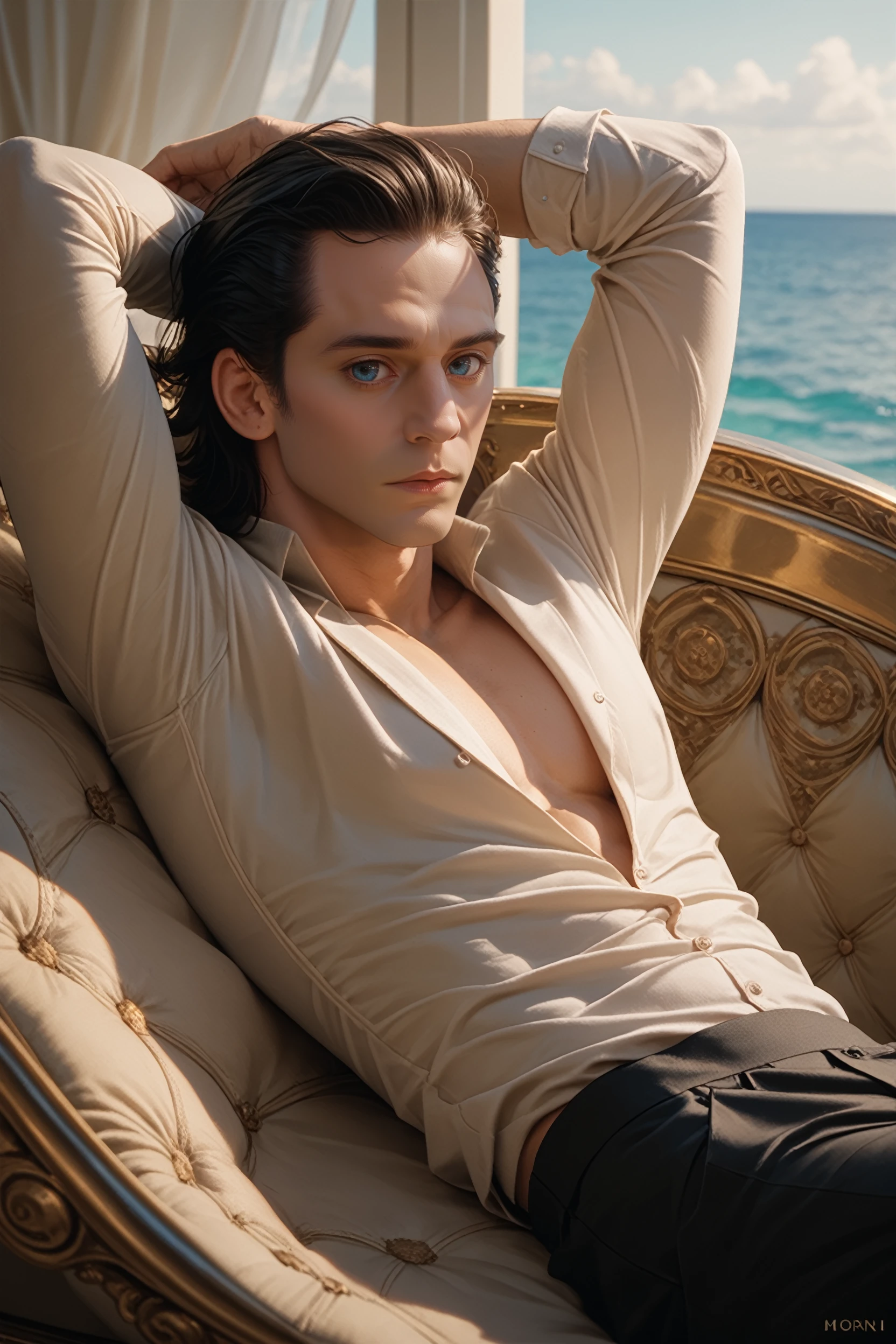 score_9, score_8_up, score_7_up, score_6_up
<lora:MLoki:0.8>
MLoki, 1boy, black hair, slicked back, blue eyes, looking at viewer, lounging on a luxurious yacht, with the ocean stretching out behind him