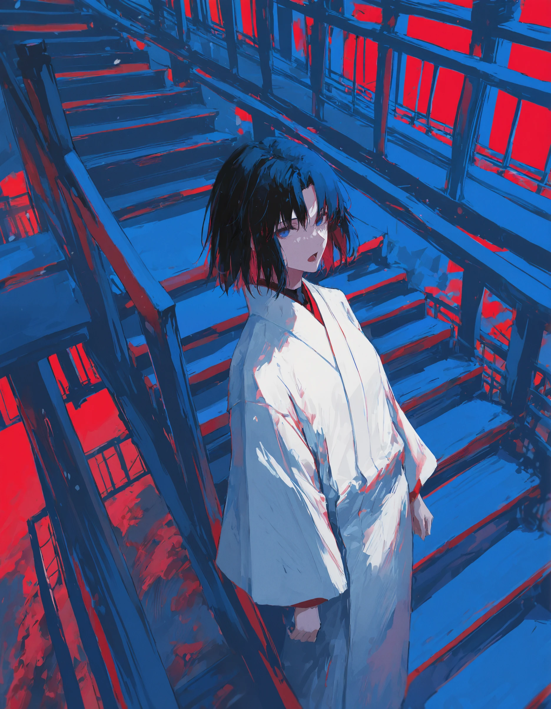 masterpiece, best quality, aesthetic, absurdres, newest, <lora:69yottea_illu_v2:1>,69yottea_illu,ryougi shiki,open mouth, short hair, stairs, black hair, looking at viewer, long sleeves, white kimono, red background, blue theme,