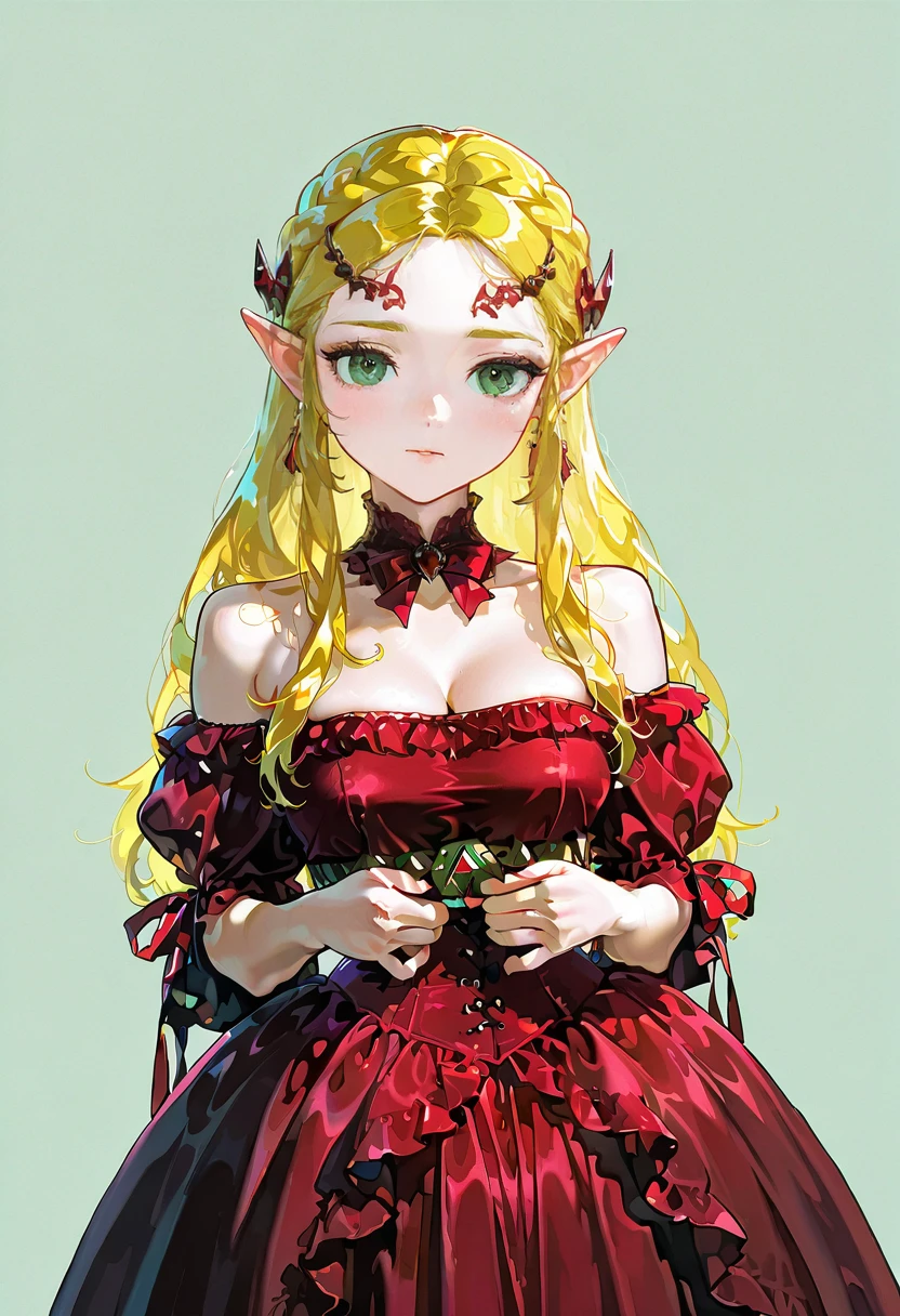 1girl,solo,looking at viewer,ikeda ruriko,red dress, bare shoulders, princess_zelda