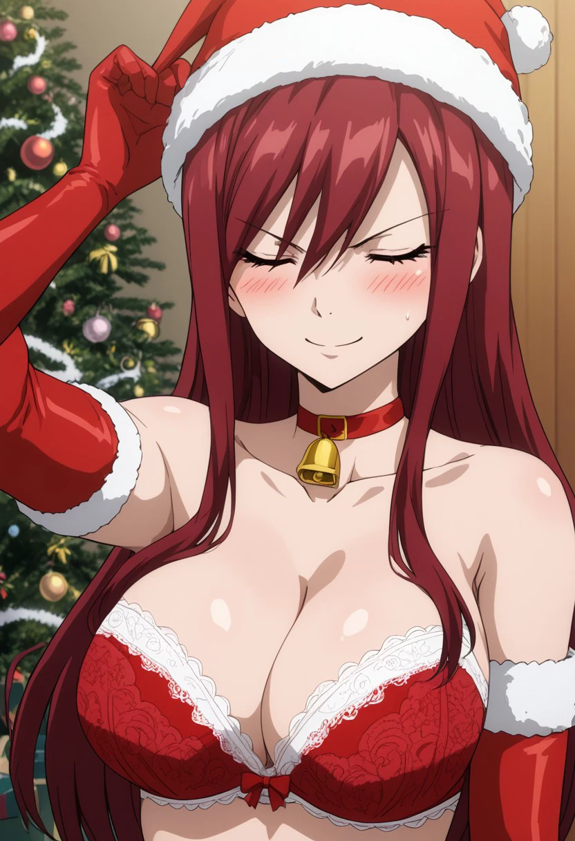 score_9, score_8_up, score_7_up, source_anime,
erzascarlet, <lora:erza-scarlet-ponyxl-lora-nochekaiser:1>
1girl, solo, long hair, breasts, blush, large breasts, gloves, hat, looking at viewer, smirk, bow, cleavage, bare shoulders, underwear, collarbone, closed eyes, upper body, red hair, choker, elbow gloves, belt, bra, collar, fur trim, strapless, bell, undressing, letterboxed, christmas, lace, neck bell, santa hat, red gloves, santa costume, pink bra, bow bra, strapless bra BREAK source_anime, selfie view