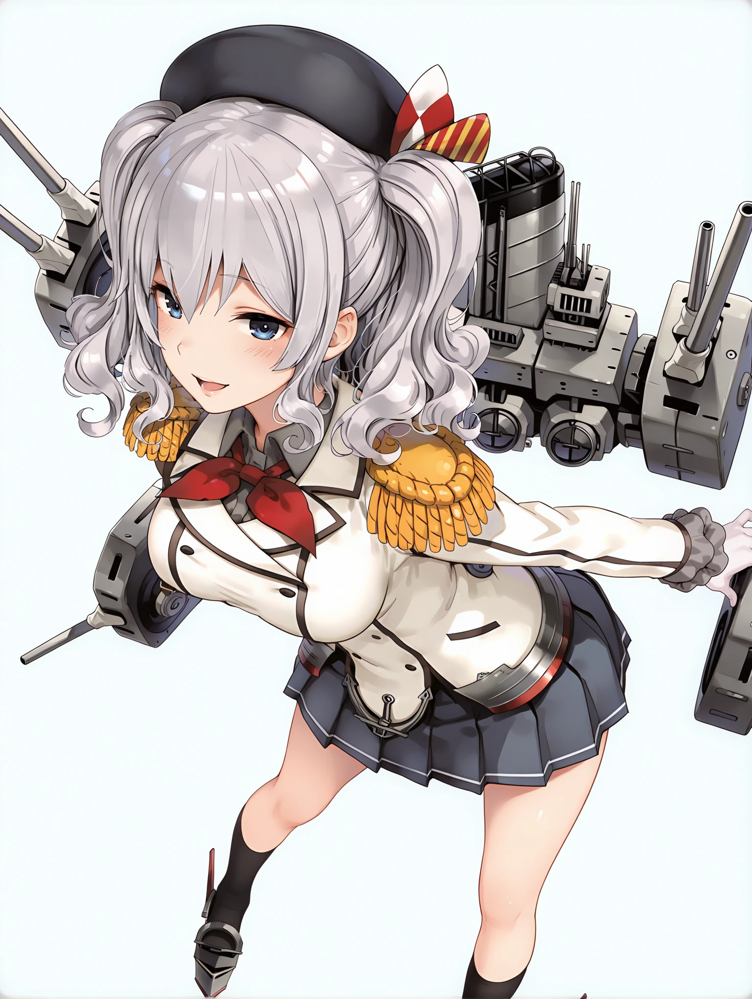 masterpiece,best quality,amazing quality,1girl,solo,
<lora:kashima_ilxl_v1.1:1>,kashima,k_hat,black beret,k_clothes,rudder footwear,k_ro,machinery,turret,
<lora:Fixhands_anime_bdsqlsz_V1:1>,looking_at_viewer,upper_body,face_focus,dynamic_angle,cinematic_angle,light_blush,white_background,simple_background,profile,:d,bent_over,arm_held_back,from_above,from_side,