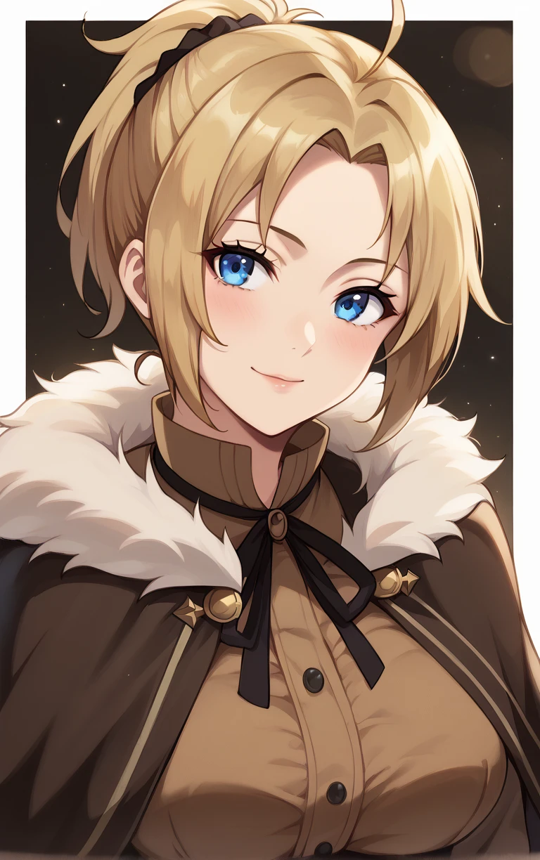 score_9, score_8_up, score_7_up, BREAK
Capelet_ZenithGreyrat_ownwaifu, 
1girl, blonde hair, blue eyes, hair pulled back, medium hair, parted bangs, short ponytail, sidelocks, ponytail, short hair, bangs, breasts, scrunchie, large breasts,
brown capelet, brown shirt, capelet, fur collar, fur trim, neck ribbon,  underbust, white corset, long sleeves, shirt, brown cape, ribbon, skirt, cape, fur-trimmed capelet, brown coat,
(portrait, head tilt, looking at viewer), straight-on,  white border, bokeh, <lora:PONYXL_MushokuTensei_ZenithGreyrat_ownwaifu:0.8>, solo,