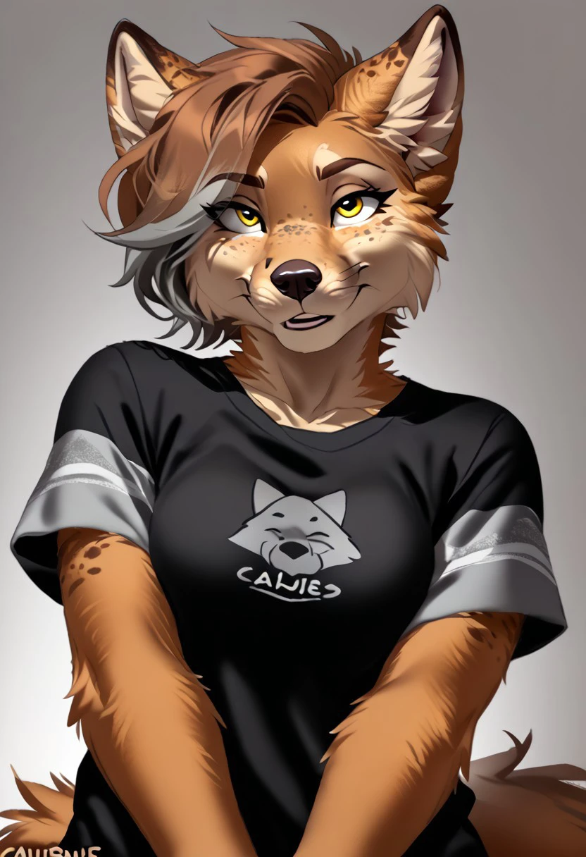 score_9, score_8_up, score_7_up, (by kittydee:1.5), (by jailbird:1.5), (by zummeng:1.5), masterpiece, best quality, (solo),
(Furry Art : Anthro : tibetan fox: 1.5), 1girl, expressive eyes, feminine eyes, perfect face, feminine face, (hazel brown hair with grey highlights:1.5), (pixie cut:1.5), feminine body, medium breasts, tibetan fox, canine, grayish brown fur, long snout, unimpressed eyes, (black t-shirt:1.5), (yellow eyes),