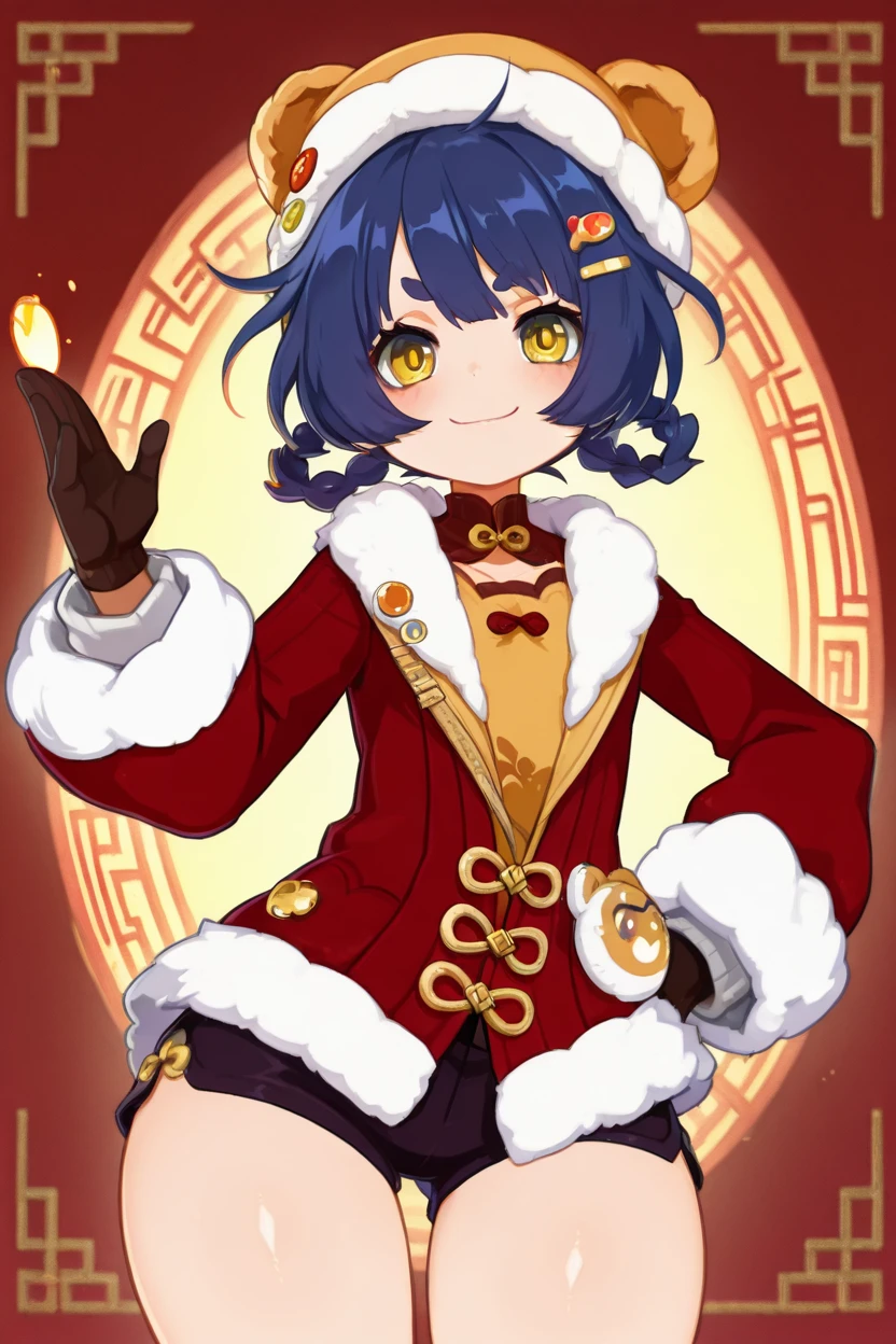 masterpiece, best quality, solo, curvy, beautiful eyes,zzXianglingNC, yellow eyes, blue hair, hair ornament, hair rings, hairclip, short hair, alternate costume, twin braids, sidelocks, looking at viewer, smile, gloves, long sleeves, hat, jacket, braid, coat, fur trim, chinese clothes, black shorts, ,<lora:Xiangling_NewYearsCheer_IXL_v2:0.8>, cowboy shot, hand on hip, smug, smile, looking at viewer, shiny skin,<lora:HaradaTakehitoIXL_v3:1.3>, <lora:ZankuroIXLLight_v2:0.6>,