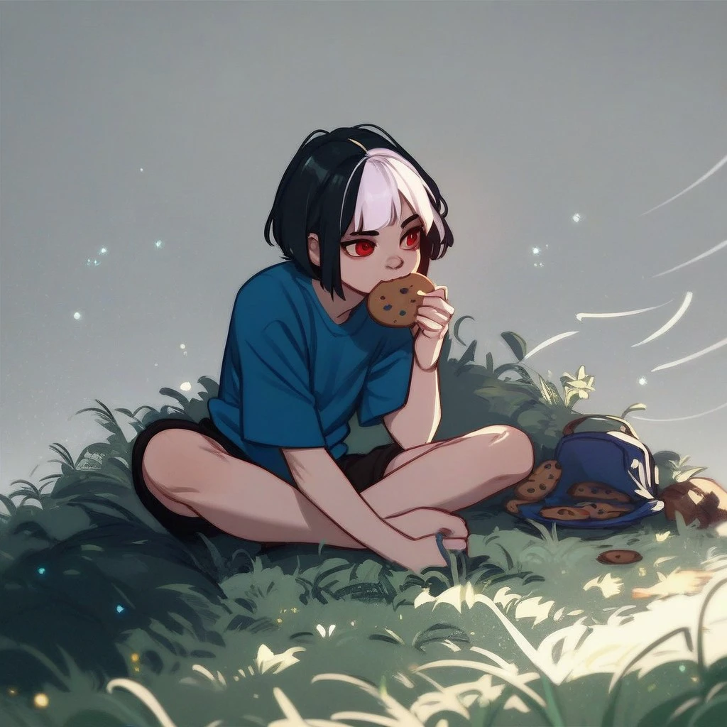 score_9, score_8_up, score_7_up, score_6_up, score_5_up, score_4_up, currant, black hair, white hair, red eyes, blue baseball shirt, shorts, sitting, cookie, eating, field. grass