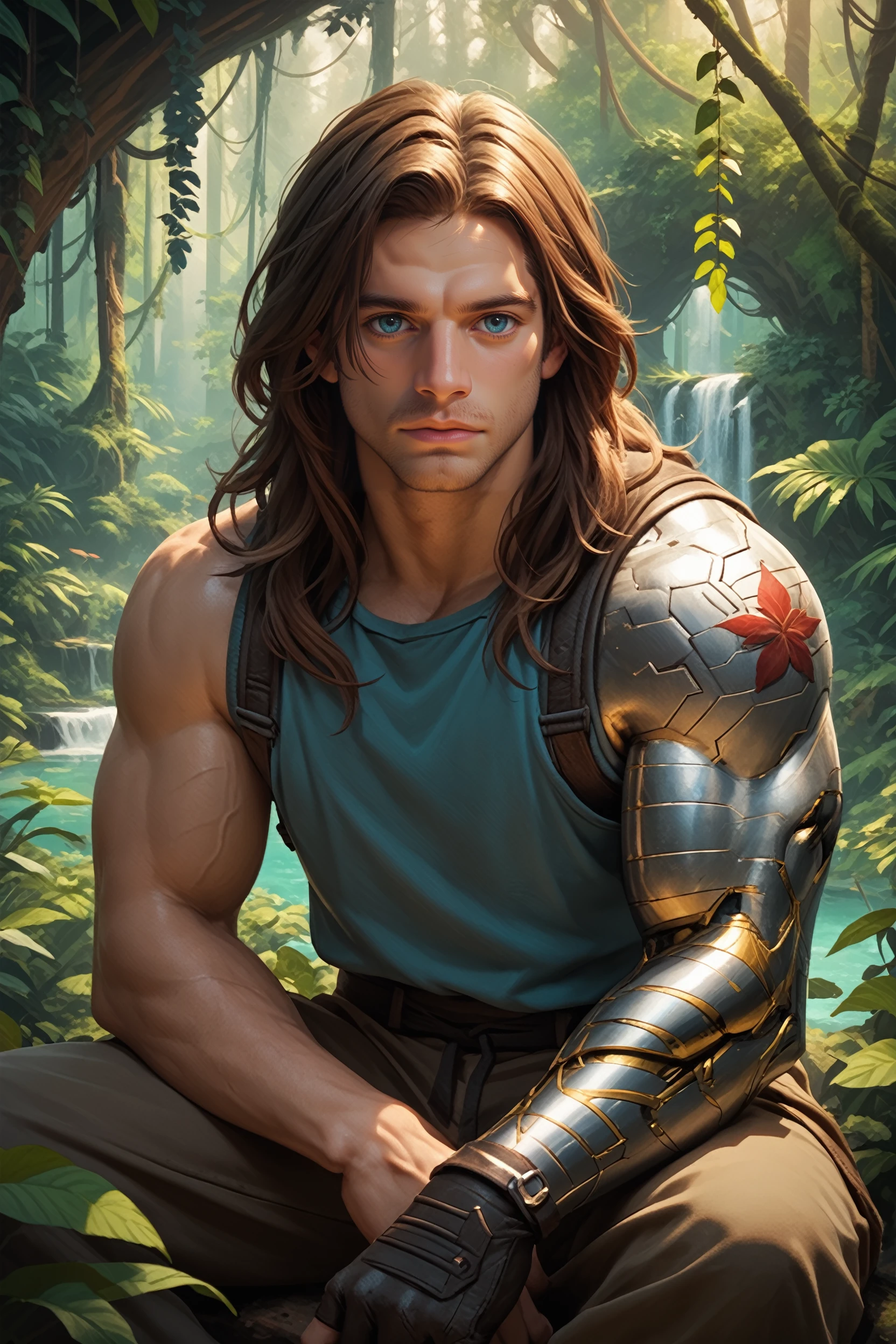 score_9, score_8_up, score_7_up, score_6_up
<lora:MBBarnes:0.8>
MBBarnes, 1boy, brown hair, blue eyes, long hair, muscular, mechanical arm, looking at viewer, Rainforest canopy with sunbeams, vibrant and lush, sitting