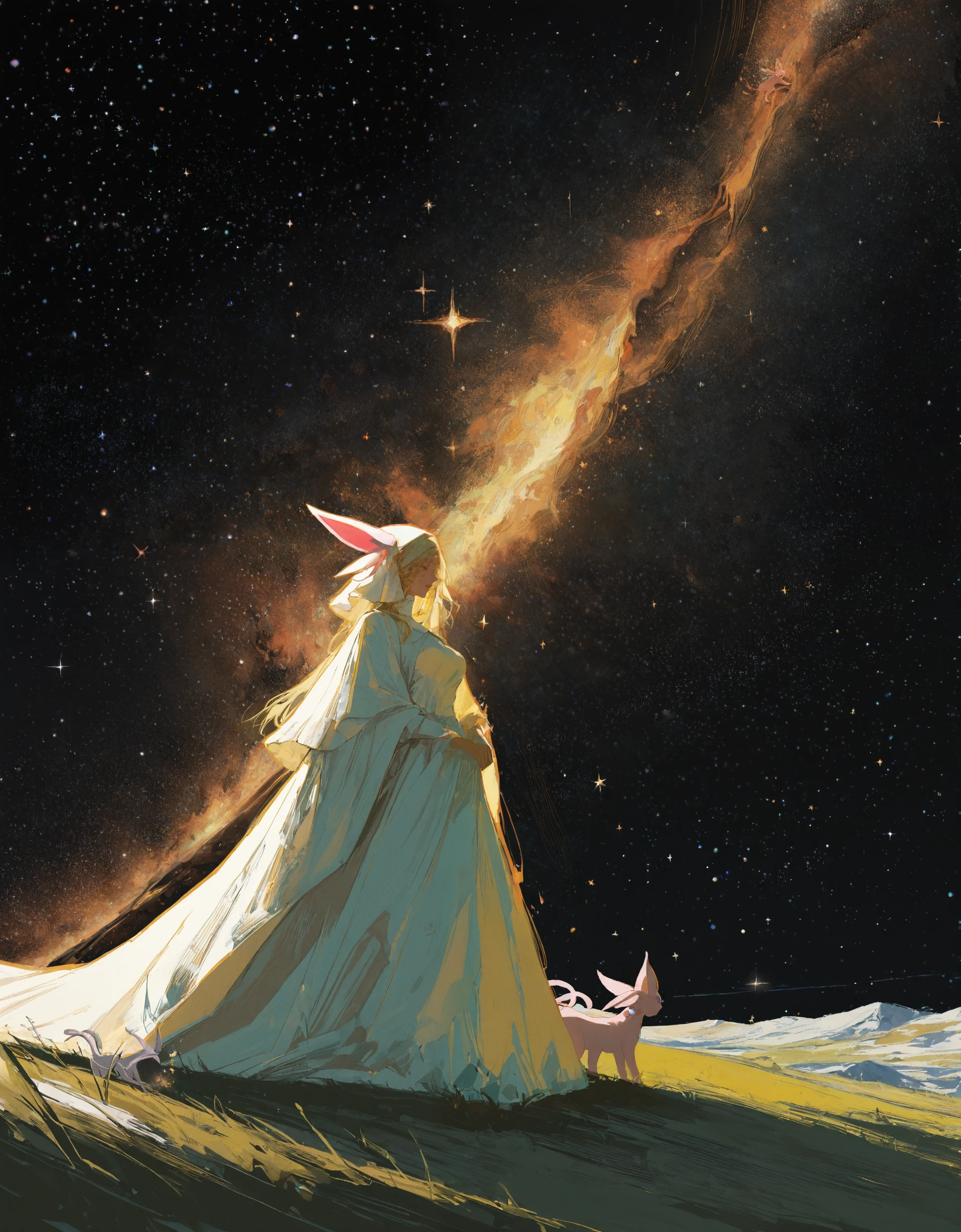 masterpiece, best quality, amazing quality, very aesthetic, absurdres, newest,<lora:69yottea_illu_v2:1>,69yotte4_illu,  mature female, espeon,espeon (personification) ,space,stars,black_hole,abstract background,milky way, 4dimention, white_flames, 1girl, detailed fingers,medieval,landscape,good hands, medium breasts, detailed_outline,soft_colors, masterpiece, best quality, amazing quality, very aesthetic, absurdres, newest,