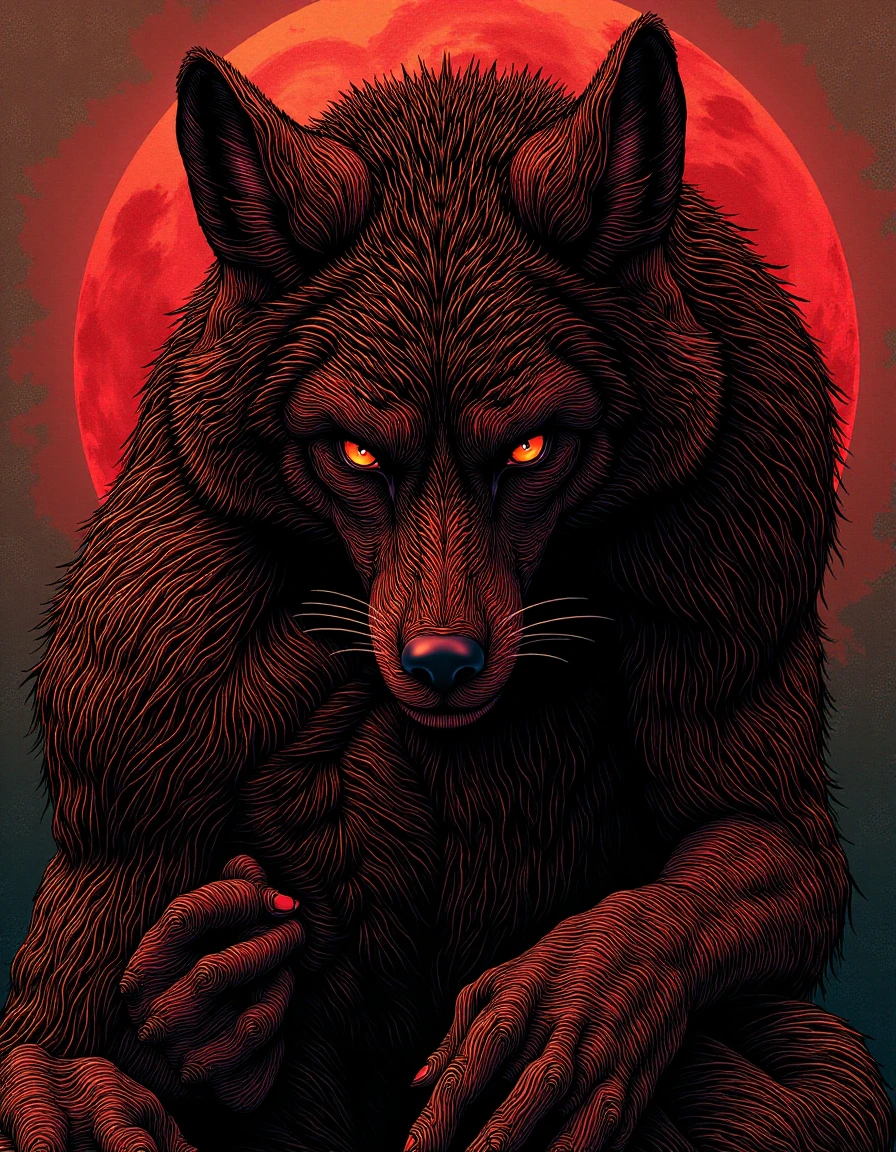 DarkDisciple, An fantasy-inspired werewolf created in a detailed, highly stylized manner. The artwork is rendered in intricate, swirling patterns of dark brown and reddish hues, giving the fur a textured, almost three-dimensional appearance. The werewolf's fur is depicted with intricate, swirling lines that create a sense of depth and movement, suggesting a wild, untamed nature.