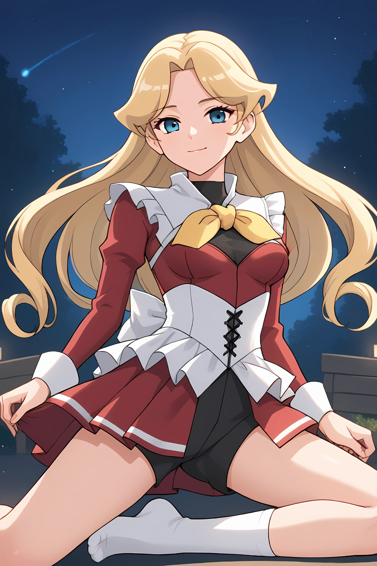 (red dress white corset yellow bow red mini skirt black shorts:1.30), cra-serene, blue eyes, blonde hair, long hair, parted bangs, parted hair, curly hair, 
medium breasts, 1girl, solo, skinny, (source_anime, score_9, score_8_up, score_8, score_7_up), score_7, score_6_up, score_6, score_5_up, score_5, 
(lewd:1.10),
(night sky outdoors:1.30),
(straight-on:1.40), (feet:1.20),
<lora:cra-serene-V03-000003:0.90>