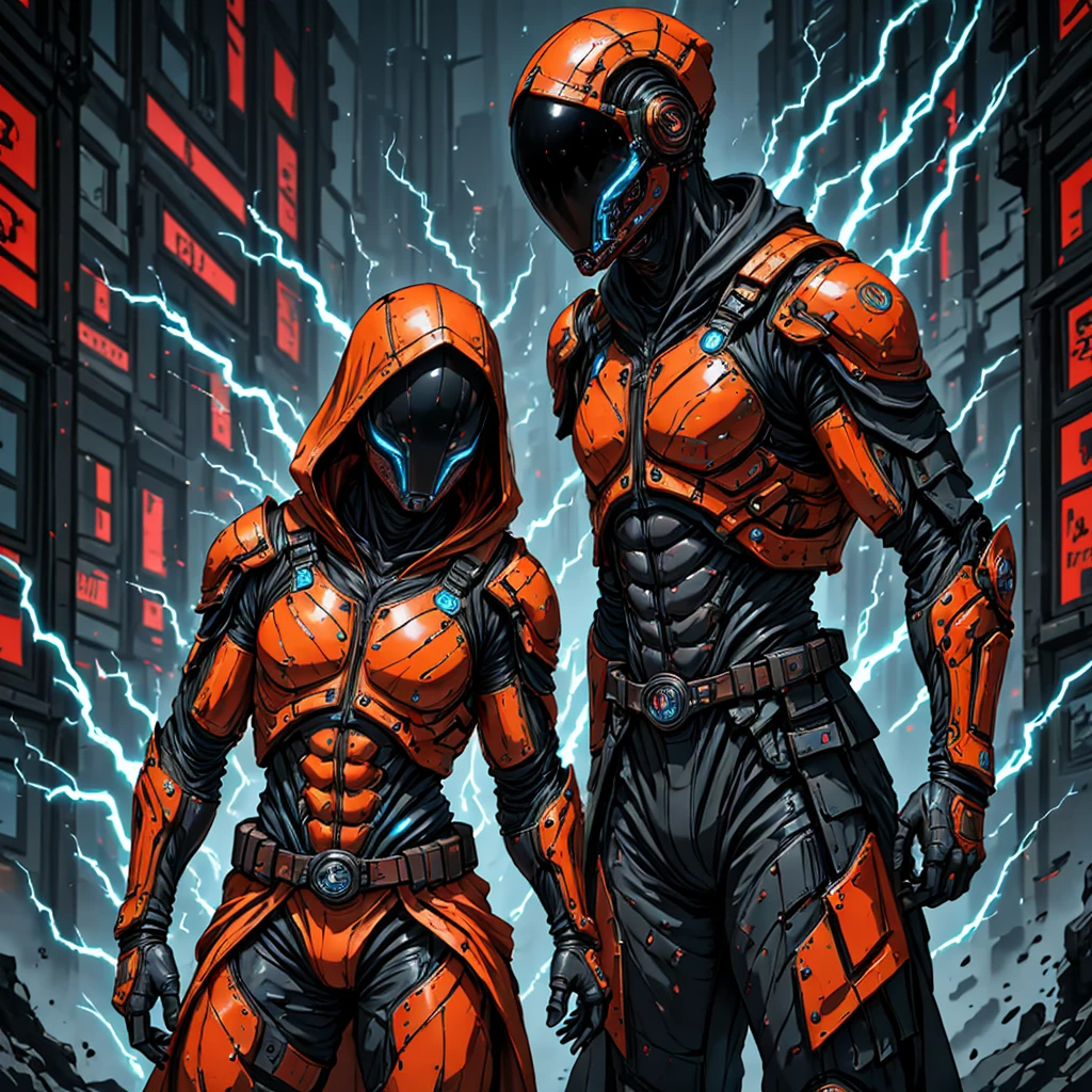 A CGI rogue assassin in glowing orange armor, contrasted with electric blue energy lines pulsing through their suit. The complementary color scheme emphasizes their agile and menacing presence in a dimly lit, futuristic setting.,oren-bot-mmxxiv