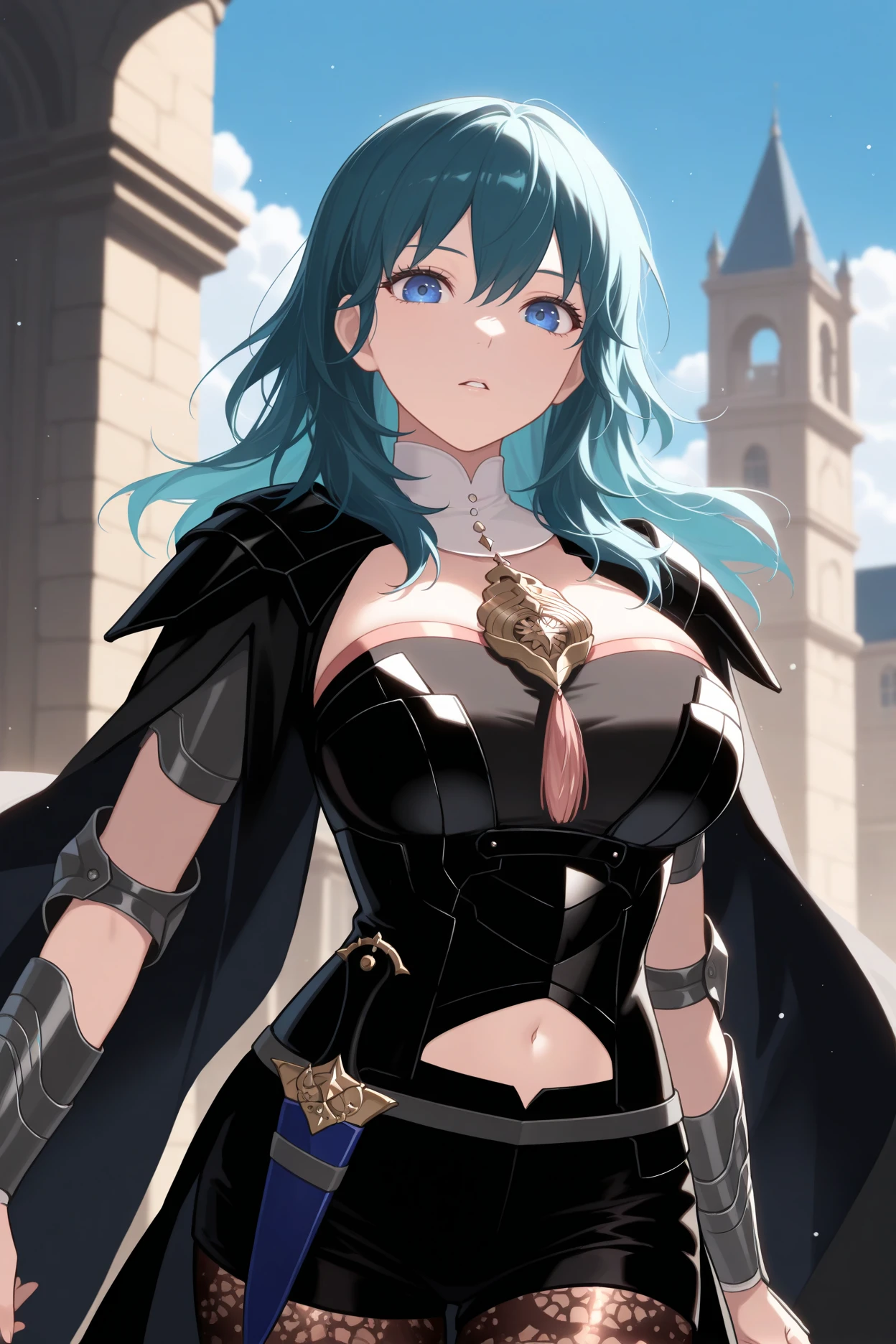 masterpiece, best quality, 1girl, solo, <lora:febyleth-illu-nvwls-v1-000006:1> dfblth, dark blue hair, blue eyes, long hair, hair between eyes, black cape, black armor, shoulder armor, black bustier, detached collar, pendant, tassel, navel cutout, black shorts, short shorts, sheathed dagger, waist cape, armlet, vambraces, patterned pantyhose, upper body, looking at viewer, parted lips, blue sky, clouds, victorian architecture, big breasts, standing, portrait