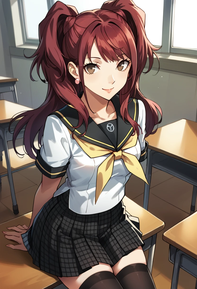 score_9, score_8_up, score_7_up, (source_anime), 1 girl, solo, nsfw, cute face,
p4rise, twintails, kujikawa rise, long hair, red hair, earrings, school uniform, serafuku, yasogami school uniform, skirt, brown eyes, houndstooth skirt, black thighhighs, zettai ryouiki,
looking at you, smile, arms behind back, thighs, 
classroom,
masterpiece, best quality, ultra detailed, absurdres, very aesthetic