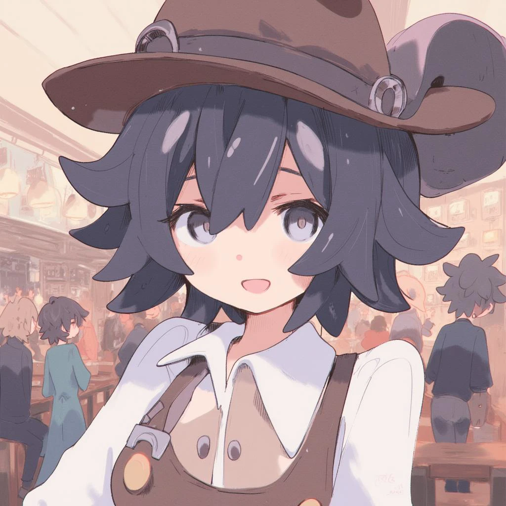 Urcarta \(Artist\), @urct, 裏方 \(芸術家\), 1 woman with short black curly hair, button up collared shirt and a cowboy hat, smiling with eyeliner, background is the inferior of a busy Starbucks coffee shop