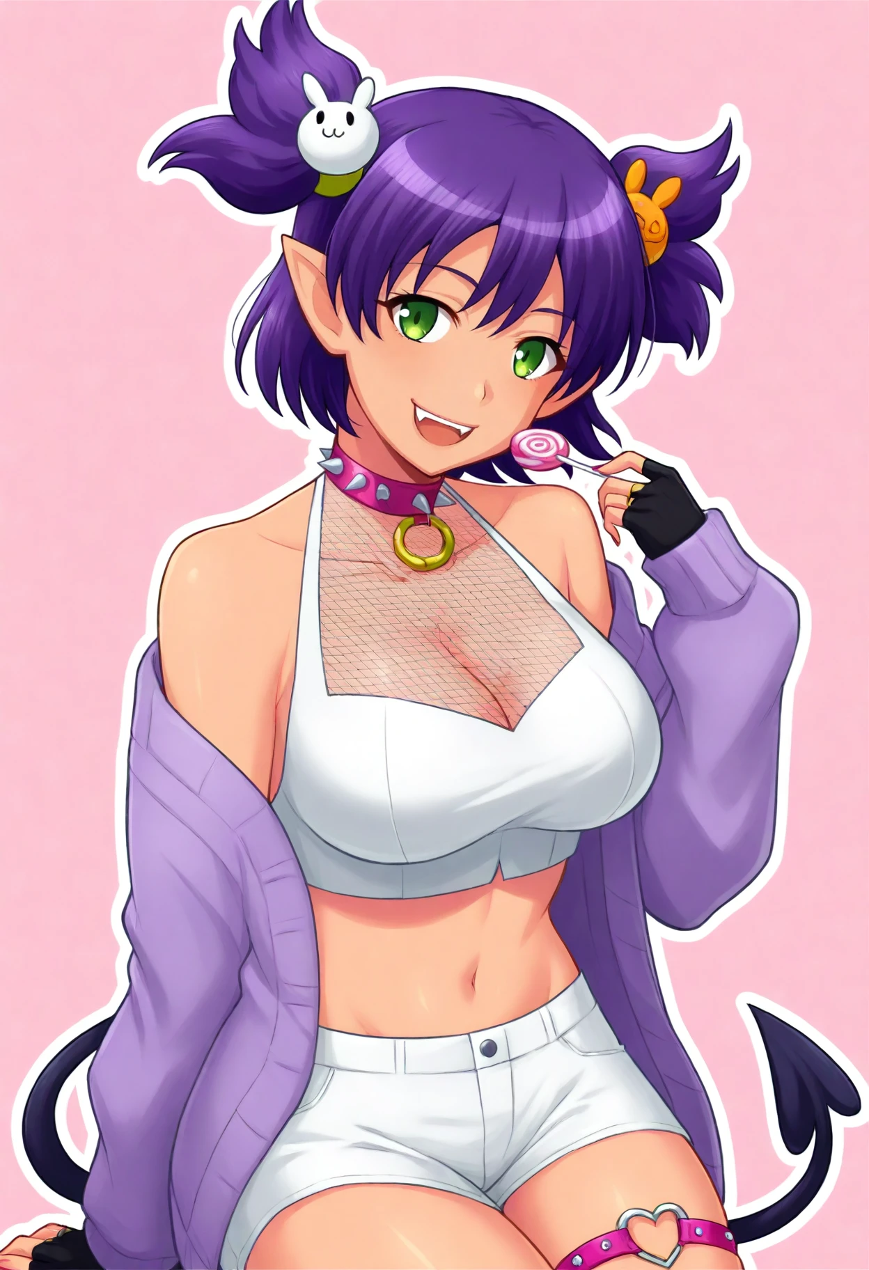 <lora:UnylIll++cWr-000009:1>
1girl, solo,
UnylIll, two side up,  green eyes, purple hair, short hair, hair tie, medium breasts, cube pattern background,
cardigan, crop top, decora, demon girl, demon horns, demon tail, fangs, pink background, heart o-ring, (horns:1.3), large breasts, lollipop hair ornament, looking at viewer, o-ring, o-ring thigh strap, pink cardigan, pink choker, pointy ears, purple cardigan, rabbit hair ornament, shirt, shorts, smile, spiked choker, spikes, tail, teeth, thigh strap, two-tone cardigan, upper teeth only, white shirt, white shorts, panties, fishnet top, white fishnets, fingerless gloves, fishnet bridal gauntlets, 
(perfect quality, best quality, masterpiece, absurdres, newest)