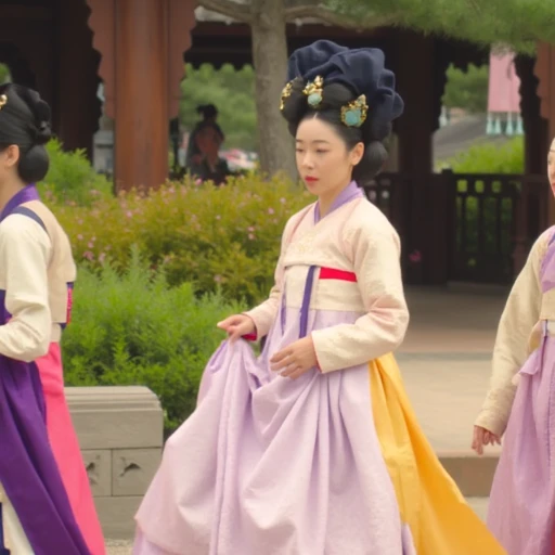 elaborate kimono. The kimono is a pastel lavender color with intricate white and red patterns, voluminous and adorned with intricate hair accessories that include delicate, with multiple layers and a voluminous effect., a vibrant yellow inner robe, likely of Chinese descent, KFrock1. This is a photograph depicting a scene from what appears to be a historical Korean drama or period film. The central figure is a woman with a fair complexion, characterized by a long, long-sleeved top with a subtle, flowing skirt in a pastel lavender hue and a bright pink and white obi sash. She has long, flowing robe in a light yellow color with a long