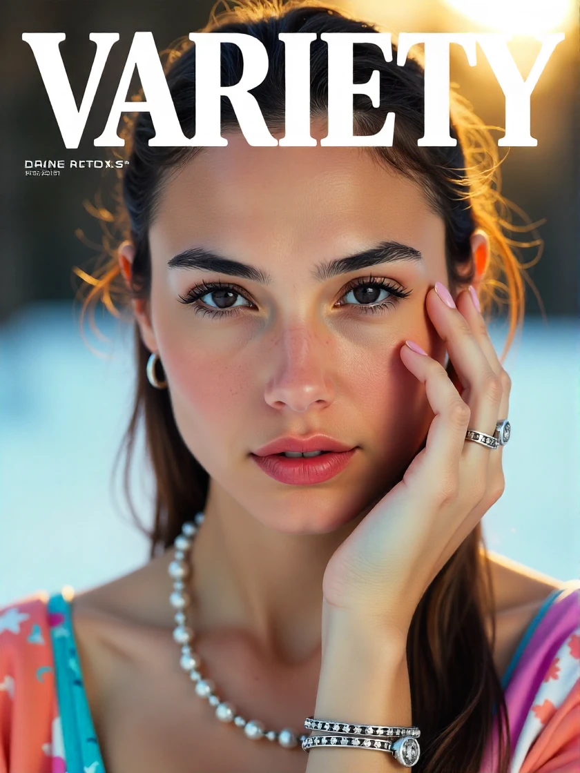 <lora:Gal_Gadot_2008:1> woman, looking directly at the viewer, looking directly at the camera, making eye contact, looking straight ahead, modest clothes, modest apparel, chest covered, modesty <lora:zz_s_Chest_Size_Slider:-2>, extreme close-up, zoomed, focus on face, centered, macro shot, face centered, focus on eyes, spring pastel colored lipstick, matching eye shadow, and matching eye liner that match outfit, blush, silver necklace, silver bracelets, silver rings, silver hoop earrings, The image is a photograph of the cover of the January 2025 issue of Variety magazine. The cover features a stylized, vibrant cover design. the title "VARIETY" is prominently displayed in bold, white capital letters using the Zizou Slab font at the top. No other text on the cover. The rest of the cover is the background of a gradient of winter colors, with the lighter shades at the top and darker shades towards the bottom, creating a dramatic effect. There is an extreme close-up of the subject wearing latest fashion of that year.