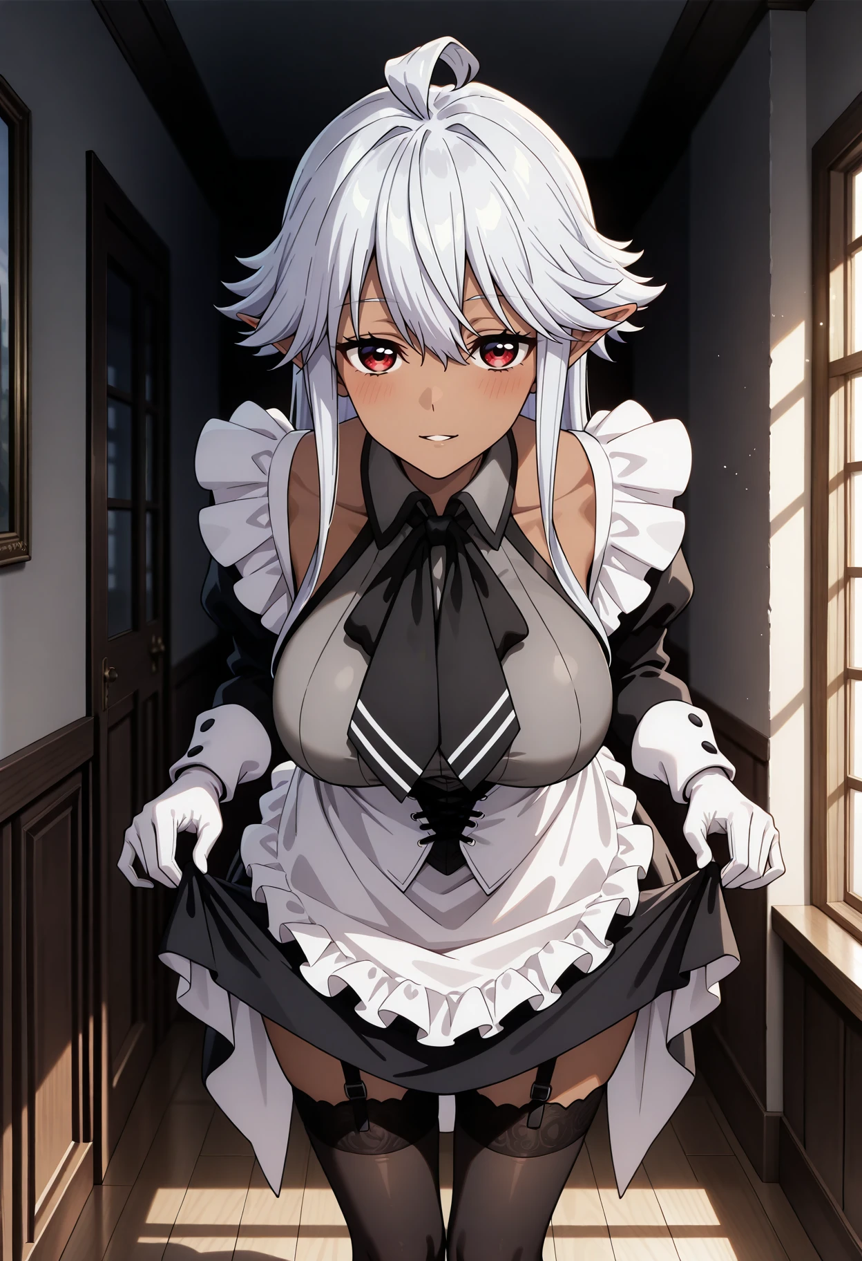 White hair, maid outfit, sexy and cute appearance, soft and cute body, white stockings, bare feet, strangle, whole body, loli kneeling, big breasts, cleavage