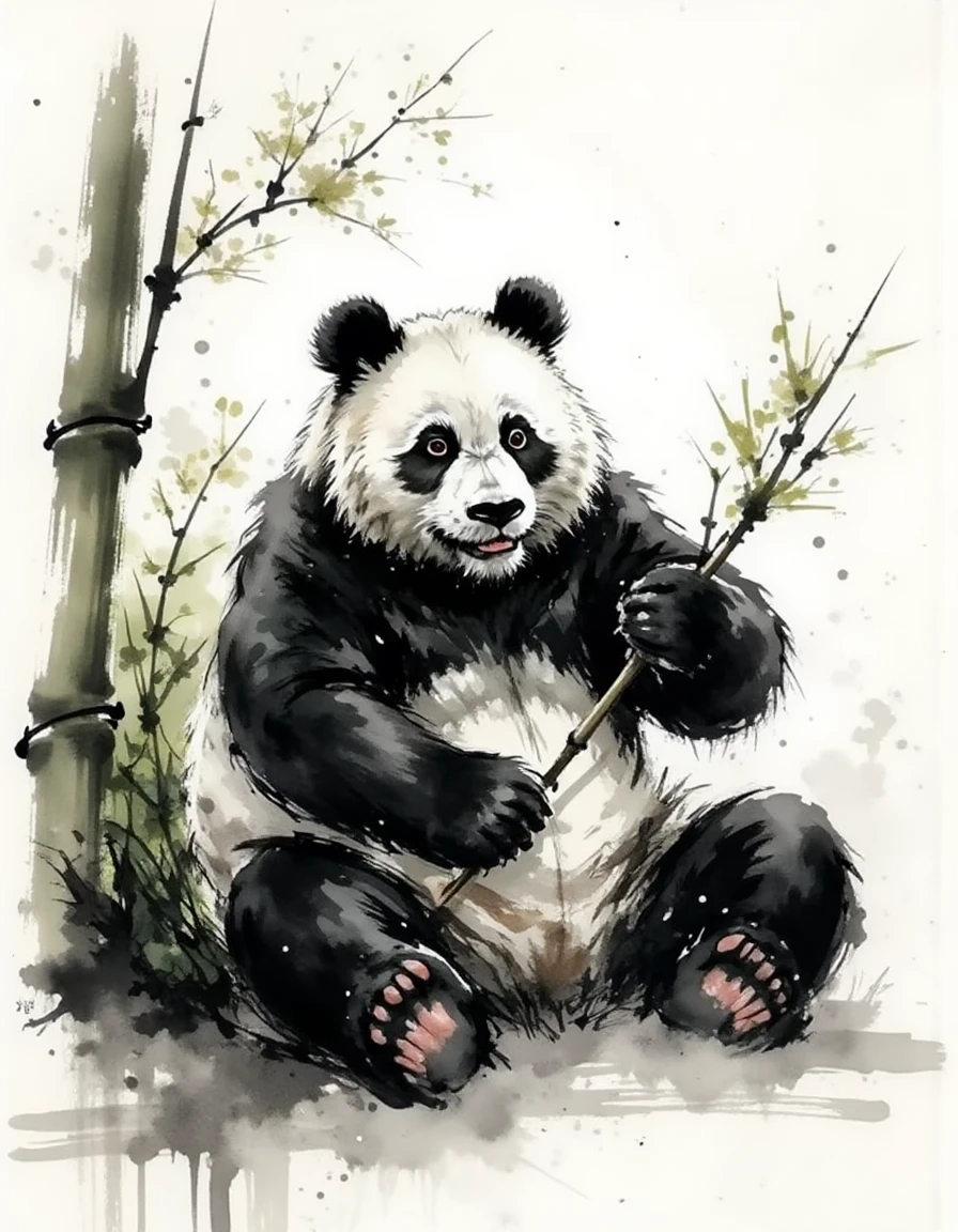 ink and brushstroke dismrt style, Panda munching on bamboo, <lora:mystic-sumi_v40:1>