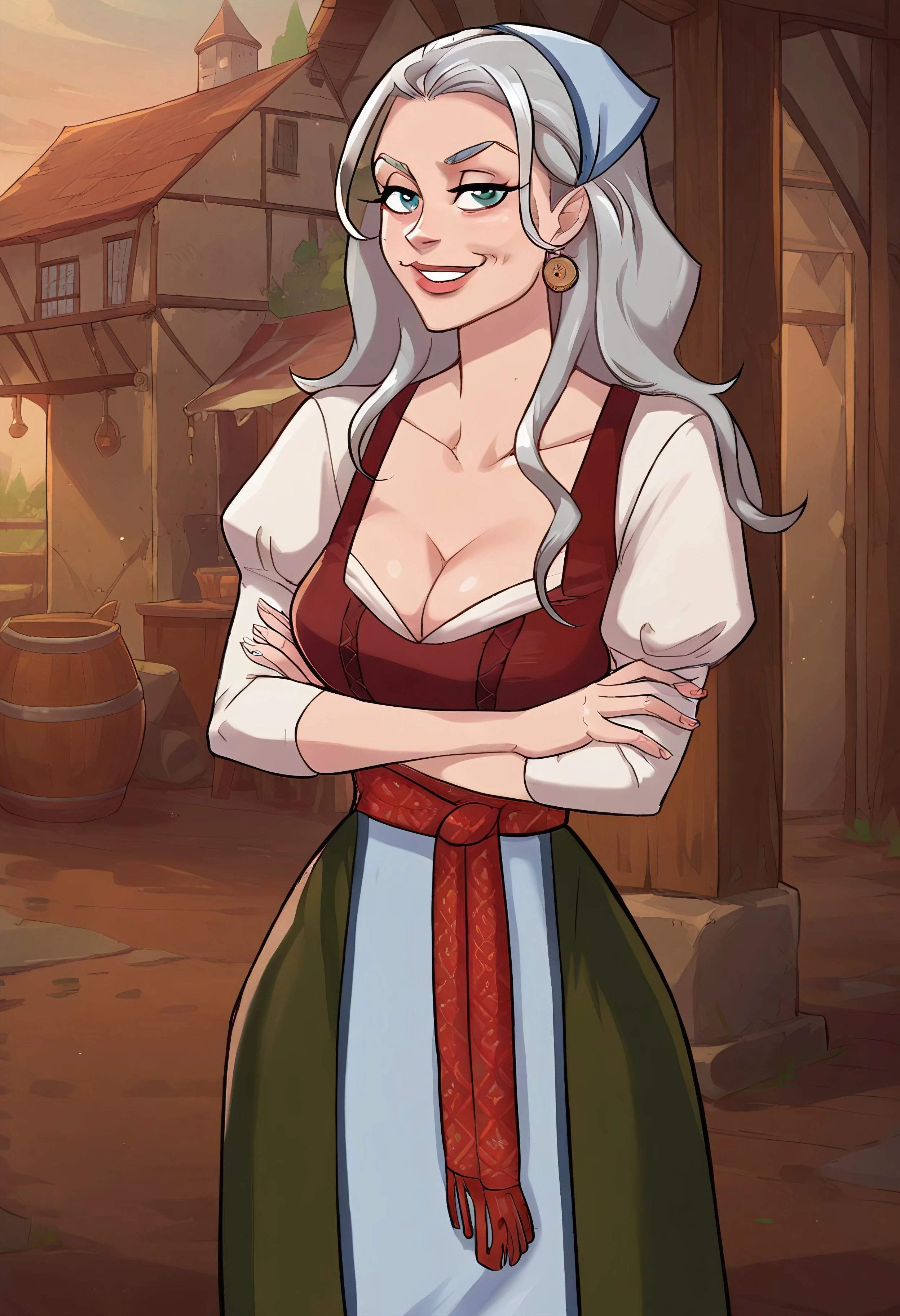 safe_pos, Score_9_up, score_8_up, score_7_up, score_6_up, BREAK, Expressiveh, dynamic angle, high quality, solo, 1girl, annyasl, grey hair, mature female, jewelry, head scarf, green skirt, cloth belt, apron, red vest, long sleeves, big perky breasts, cleavage, arms crossed, looking at viewer, smirk, medieval store interior, detailed scenery