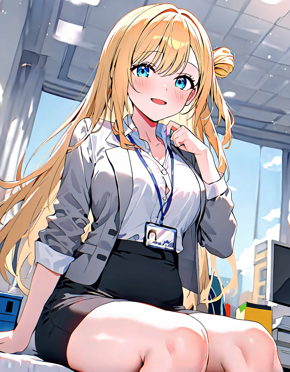 One girl, Long Hair, Gaze, chest, smile, Blonde, Large top quality, office、suit、shirt、Tight Skirt、desk、computer、deskチェア、Sitting