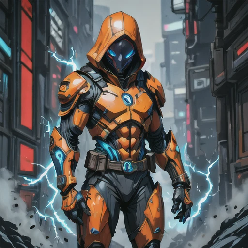 oren-bot-mmxxiv, a digital illustration in a stylized futuristic cyberpunk art style. The subject is a humanoid figure likely a soldier or mercenary dressed in high-tech orange and black armor with glowing blue accents. The armor features a hooded cloak that drapes over the figure's head with the hood pulled up obscuring the face except for the glowing blue visor that covers the eyes giving a robotic or cybernetic appearance. The visor's glow casts a bright ethereal light on the armor highlighting the intricate details and textures.