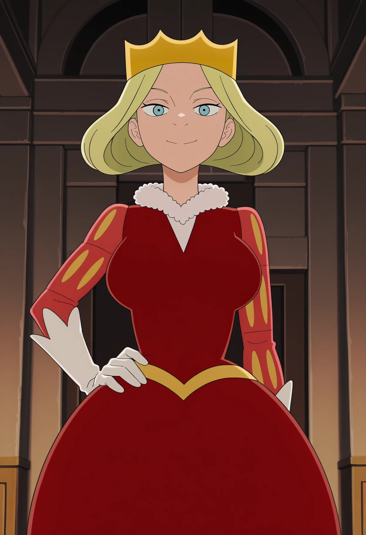 1girl,solo,mm,mature female,blonde hair,blue eyes,breasts,anime coloring,
crown,short hair,red dress,gloves,hand on own hip,cowboy shot, looking at viewer, smile,indoors
,masterpiece,best quality,amazing quality,<lora:Queen_Hiling-Ranking_of_Kings ix:1>