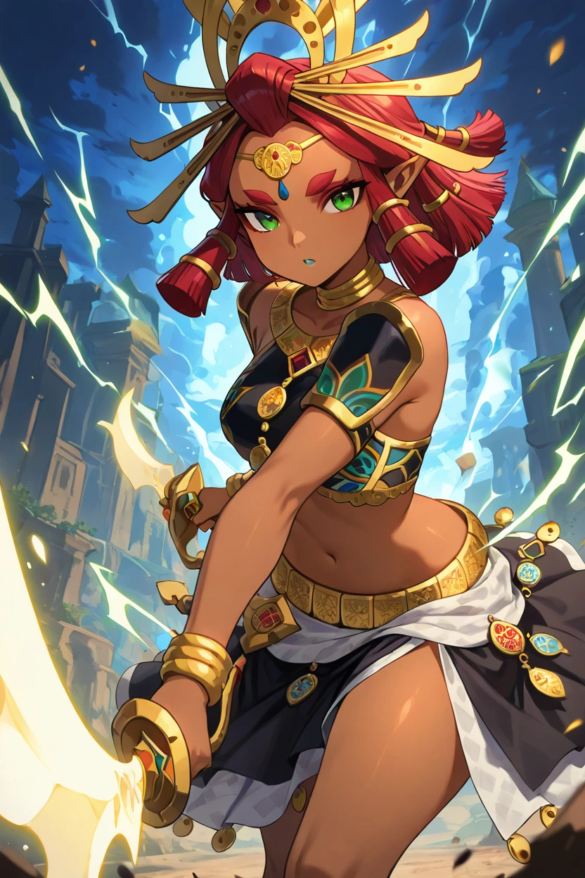 masterpiece, best quality, solo, curvy, beautiful eyes,   zzRiju, green eyes, red hair, pointy ears, dark skin, hair tubes, midriff, crop top, headpiece, black skirt, leaping forward with a glowing sword in hand, surrounded by crackling lightning bolts, (dynamic pose, foreshortening, detailed sword, aura, lighting), stormy skies in the background, wind whipping her hair and outfit dramatically, intense and electrifying action scene,    ,<lora:RijuTotK_IXL_v3:1.0>,