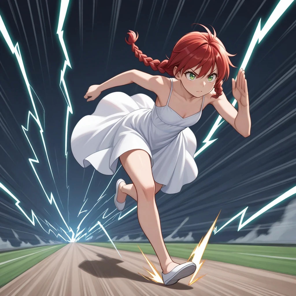 masterpiece, best quality, FlashSpeed, 1girl, solo, red hair, twin braids, green eyes, white dress, running, lightning, <lora:FlashSpeedConcept_illustrious_Leaf1:1>,