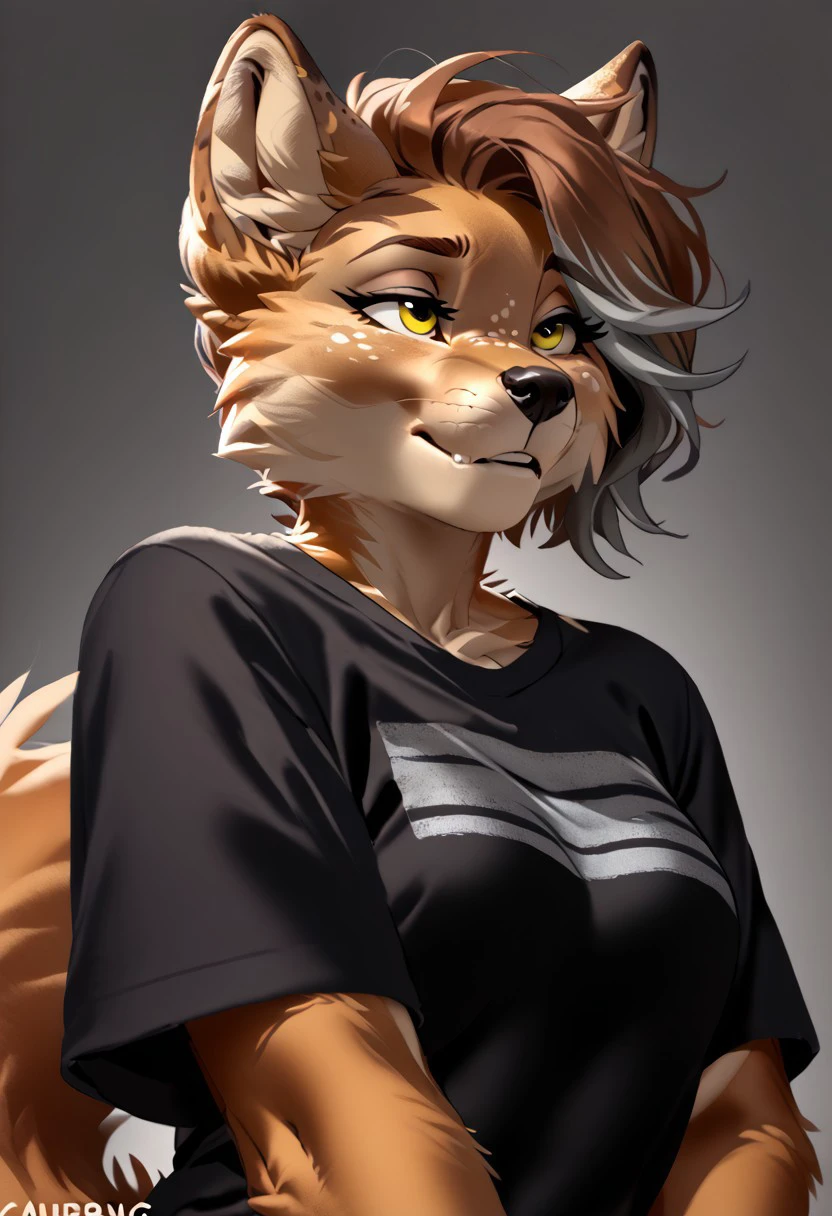 score_9, score_8_up, score_7_up, (by kittydee:1.5), (by jailbird:1.5), (by zummeng:1.5), masterpiece, best quality, (solo),
(Furry Art : Anthro : tibetan fox: 1.5), 1girl, expressive eyes, feminine eyes, perfect face, feminine face, (hazel brown hair with grey highlights:1.5), (pixie cut:1.5), feminine body, medium breasts, tibetan fox, canine, grayish brown fur, long snout, unimpressed eyes, (black t-shirt:1.5), (yellow eyes),