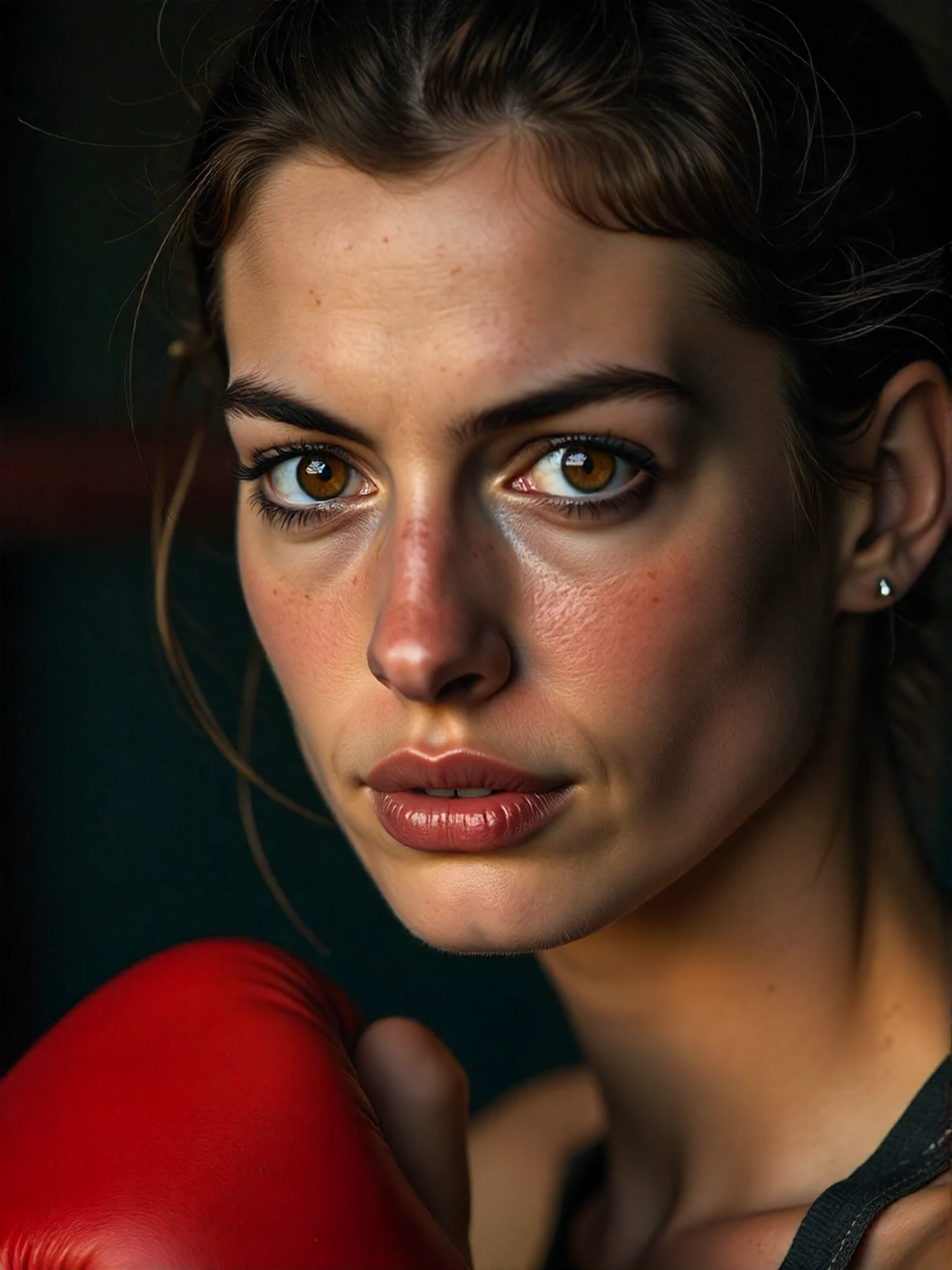 <lora:Anne_Hathaway_2010:1> woman, as a boxer, gritty, dirty, bloody, swolen lip, bruised eye socket, sweaty, film still, action scene, she is in a boxing match, in an old boxing ring, back room somewhere in south america, she is boxing someone who is bigger and stronger than her but she refuses to give up., extreme close-up, zoomed, focus on face, centered, macro shot, face centered, focus on eyes, looking directly at the viewer, looking directly at the camera, making eye contact, looking straight ahead, modest clothes, modest apparel, chest covered, modesty <lora:zz_s_Chest_Size_Slider:-2>