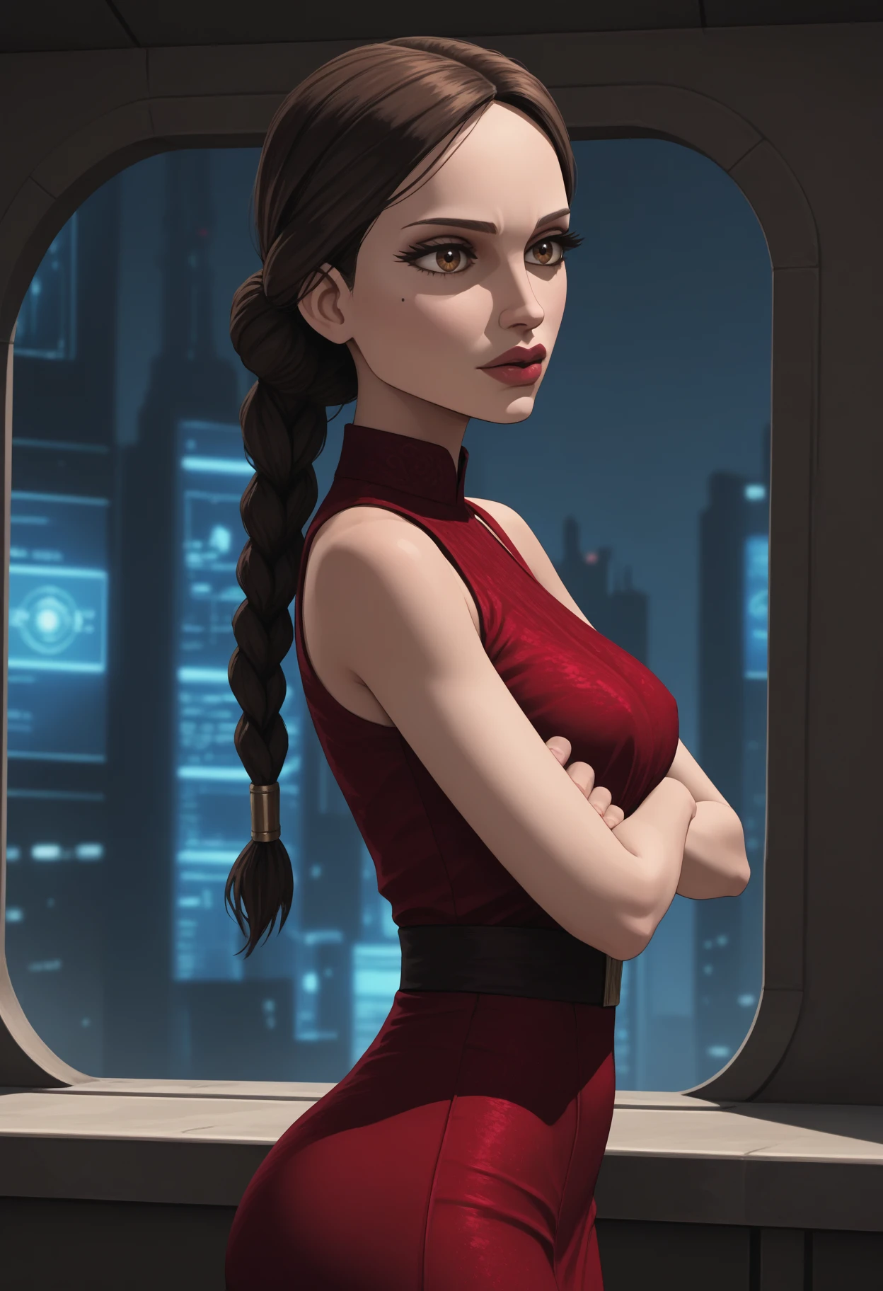 score_9, score_8_up, score_7_up, score_6_up, score_5_up, <lora:NM_padme_swcw:1>, BREAK NM_padme_swcw, 1girl, solo, brown eyes, black hair, long hair, braid, lips, breasts, mole under eye, mole, makeup, lipstick, slim waist, wide hips, ass, red dress, crossed arms, indoors, from side, science fiction, looking front