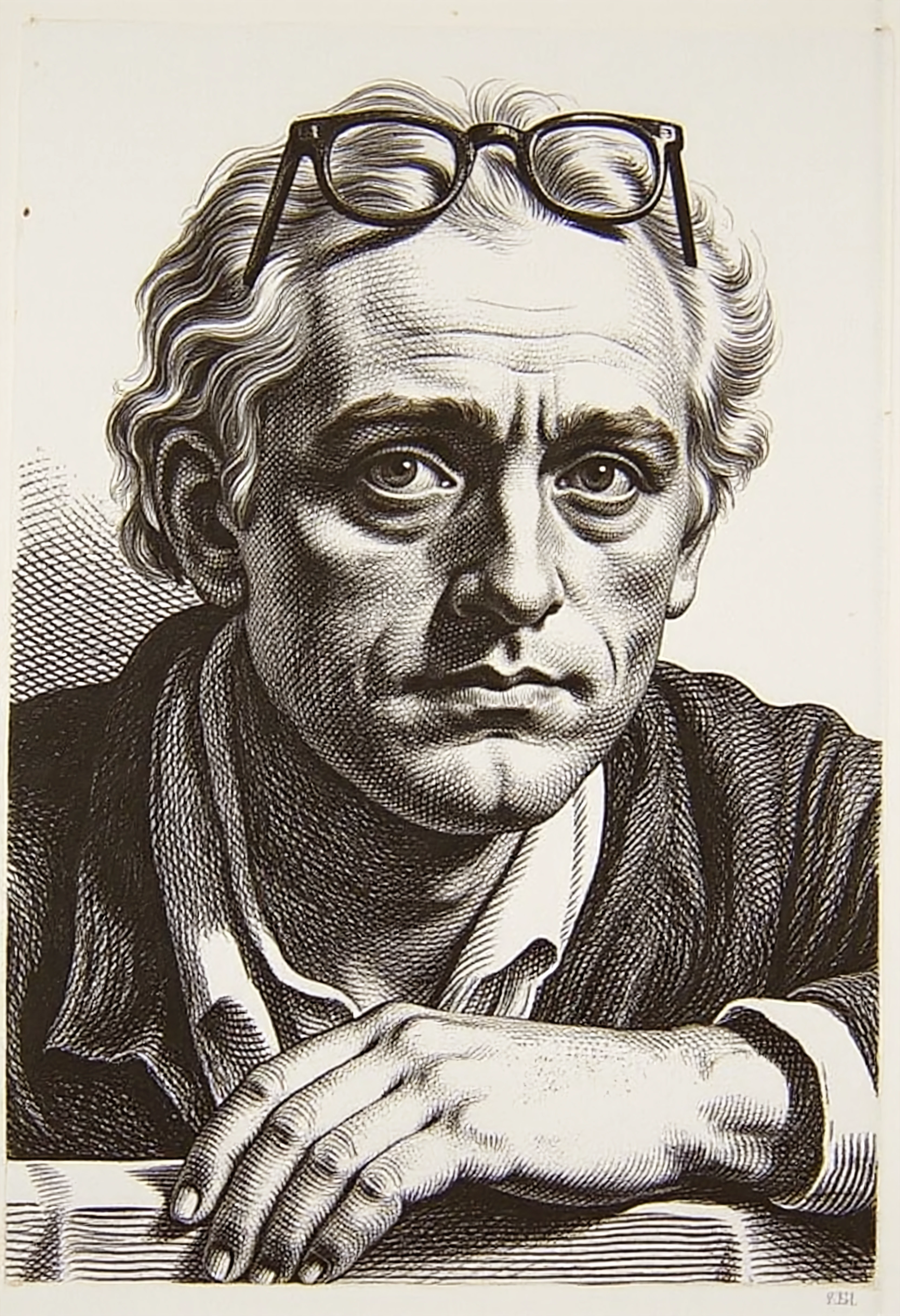 NGRVNG, engraving of (((Philippe Poutou))) giving a speach in front of a desk, eyeglasses on top of his head, engrave, full body, gustave doré