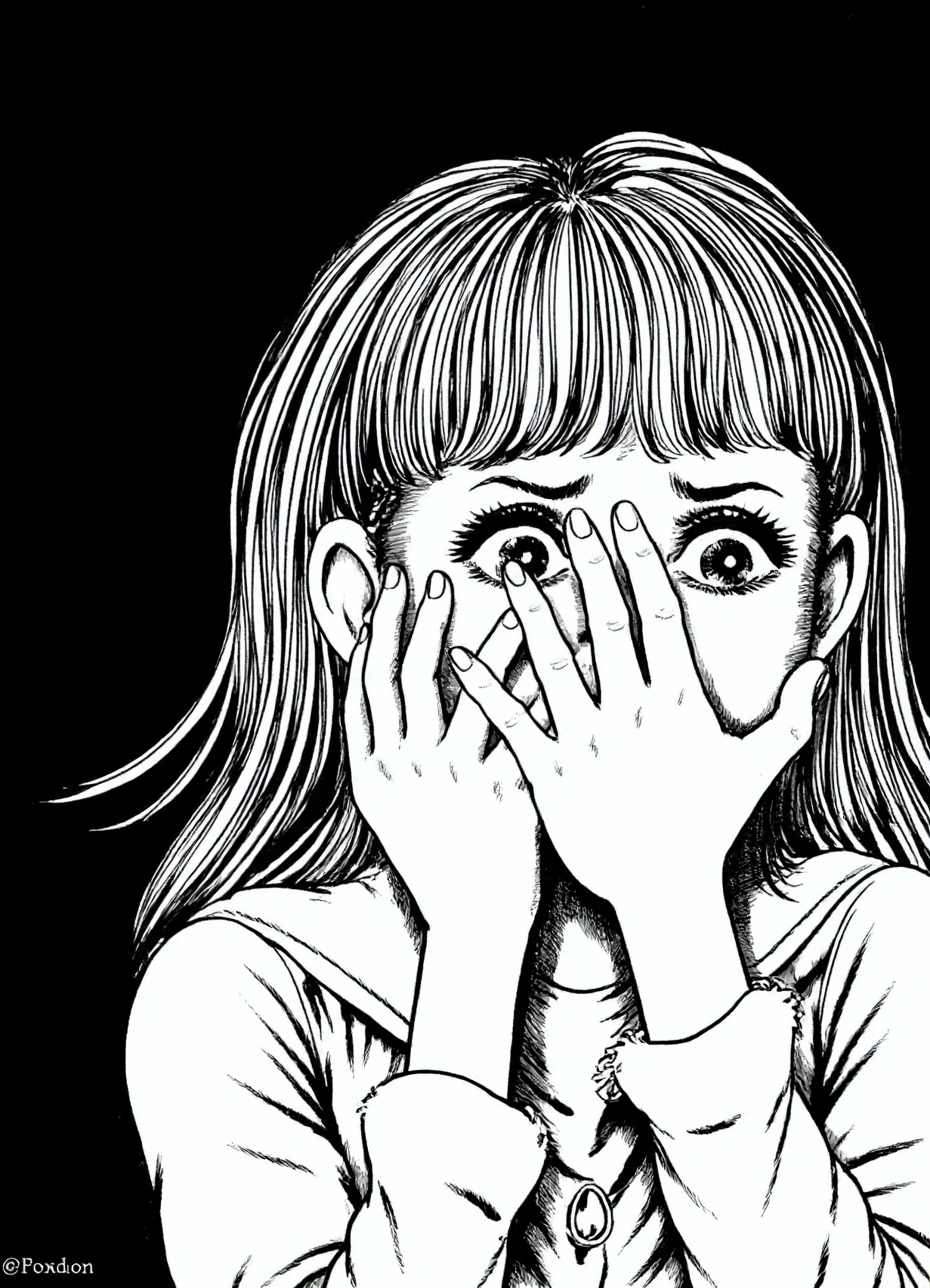 in the style of kazuoumezu ,A black and white drawing of a scared girl covering her face with her hand. The girl has long hair with bangs. Her eyes are wide open. The background is black.