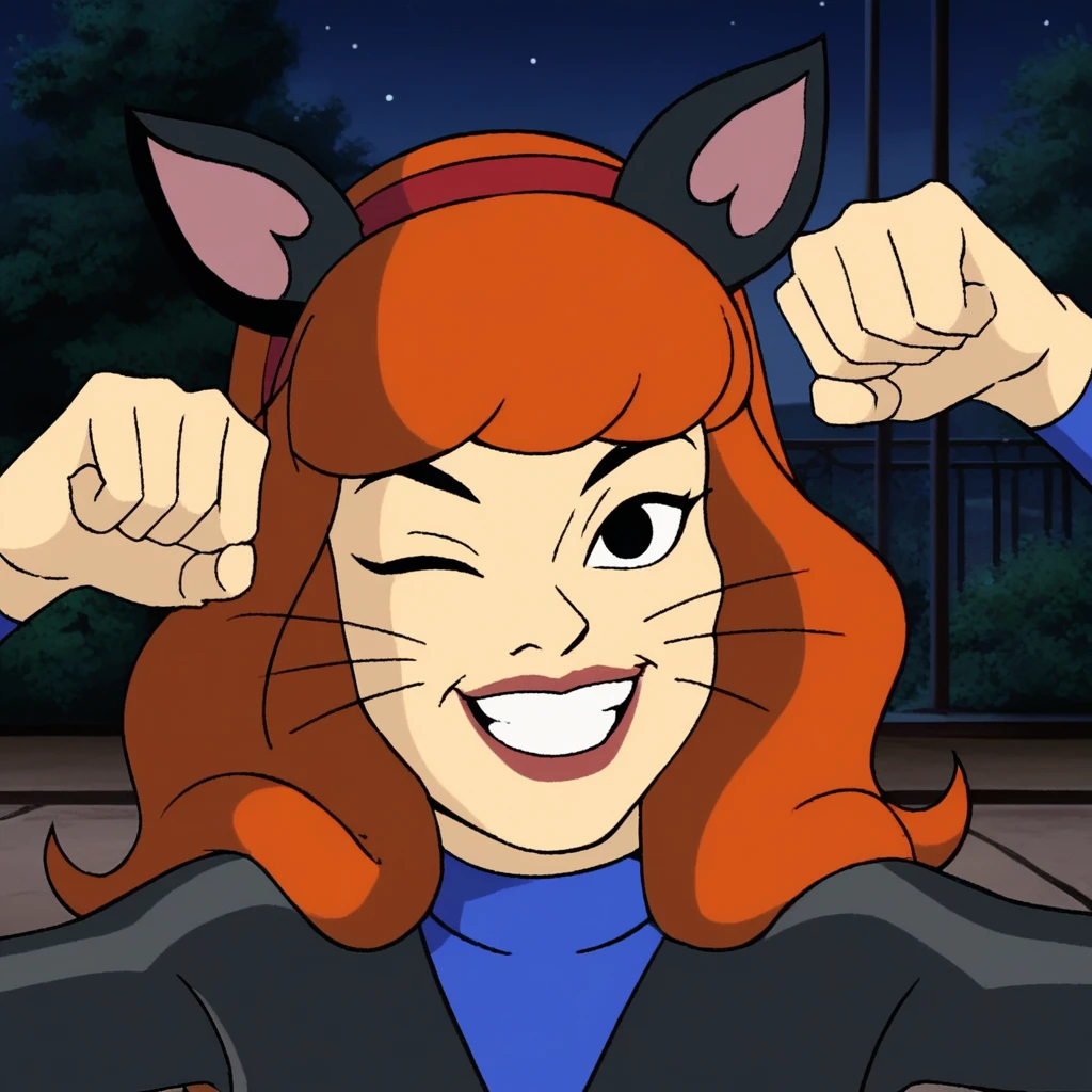 score_9, score_8_up, score_7_up, score_6_up, BREAK, h4ll0d4ph, black bodysuit, animal ears, whiskers, 1girl, solo, winking, grin, close up, cat pose, looking at viewer, night, low light, <lora:h4ll0d4phV1:1> <lora:Anime Summer Night Style SDXL_LoRA_Pony Diffusion V6 XL:0.2>